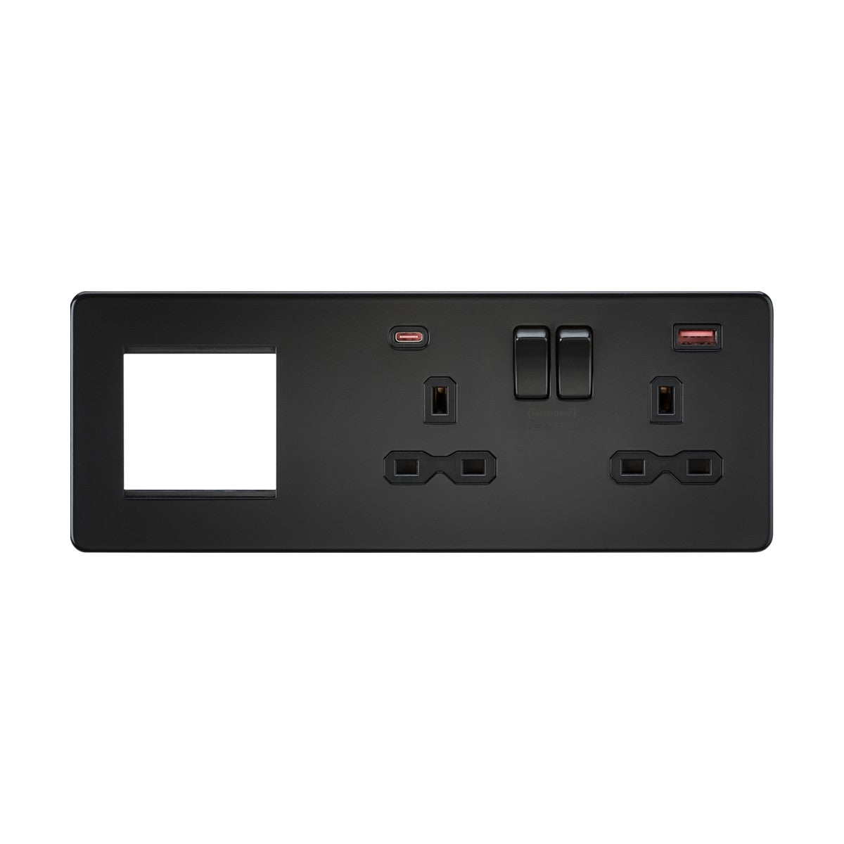 13A 2G DP Socket +2G Modular + Dual USB A+C 12V DC 1.5A (Max. 18W) - Matt Black w/Black Insert