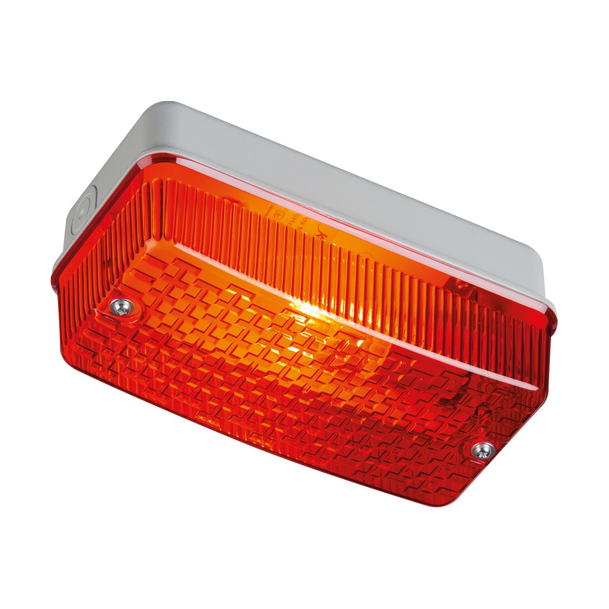 Introducing the 100W Outdoor Bulkhead - Red: a square fixture combining white and red hues with a textured design. This durable light features an aluminium base that supports a translucent red cover, allowing an orange glow to shine through. It’s held secure by two screws and boasts an IP65 rating for protection against dust and water.