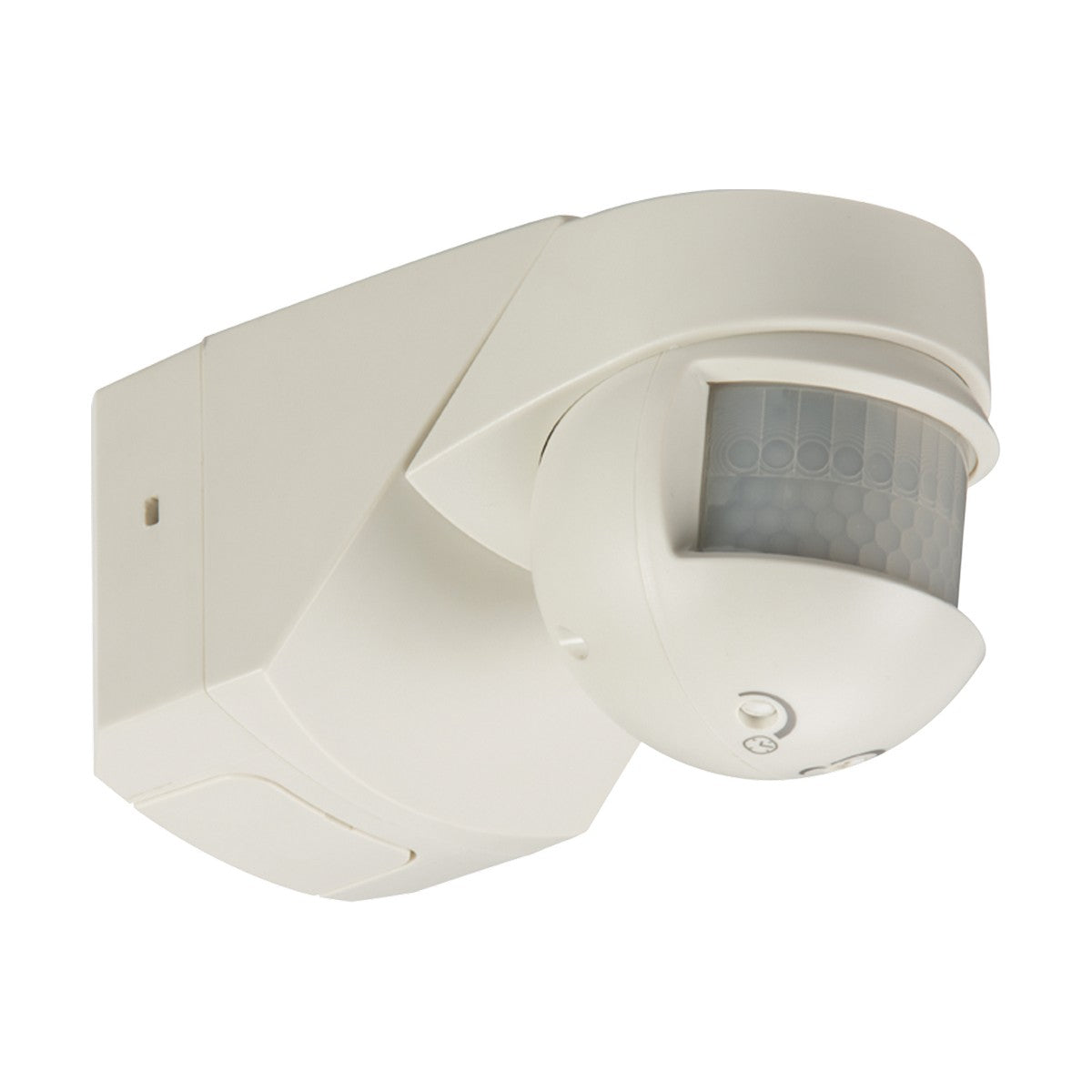 The IP55 PIR Sensor 200° - White is installed on a wall bracket, featuring a curved design with an adjustable head and a translucent detection window, providing versatile mounting options.