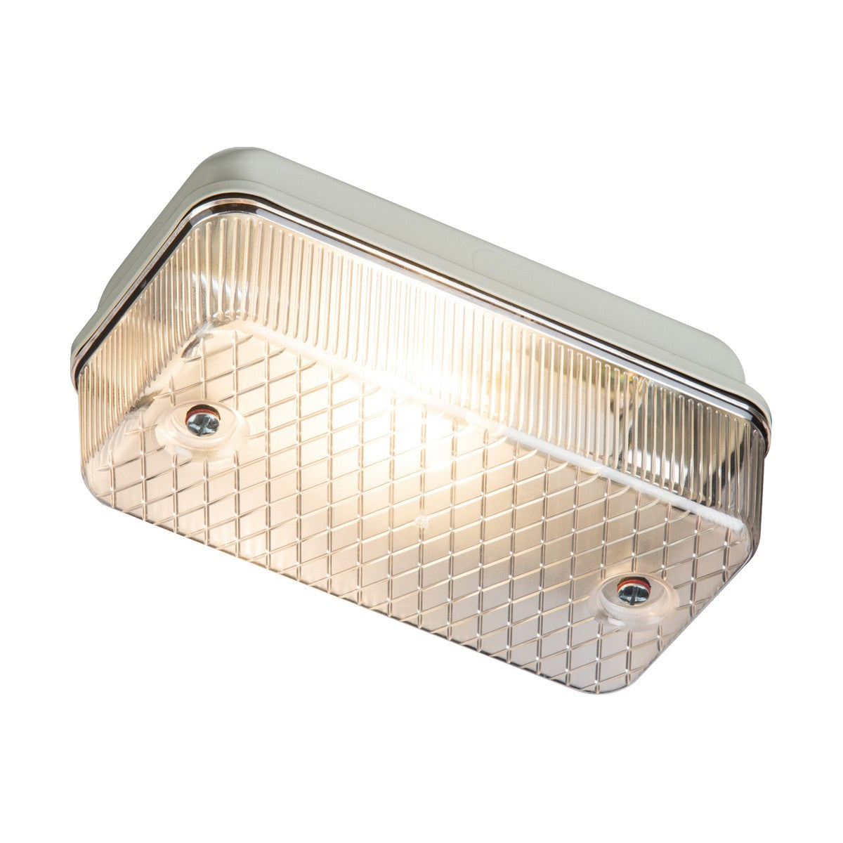 The 100W Outdoor Bulkhead - Clear is a rectangular ceiling light fixture with a textured, translucent cover and two visible screws. When turned on, it emits a bright glow. Featuring an E27 lampholder, this IP65 lighting fixture showcases a metallic frame with a clean, modern design.