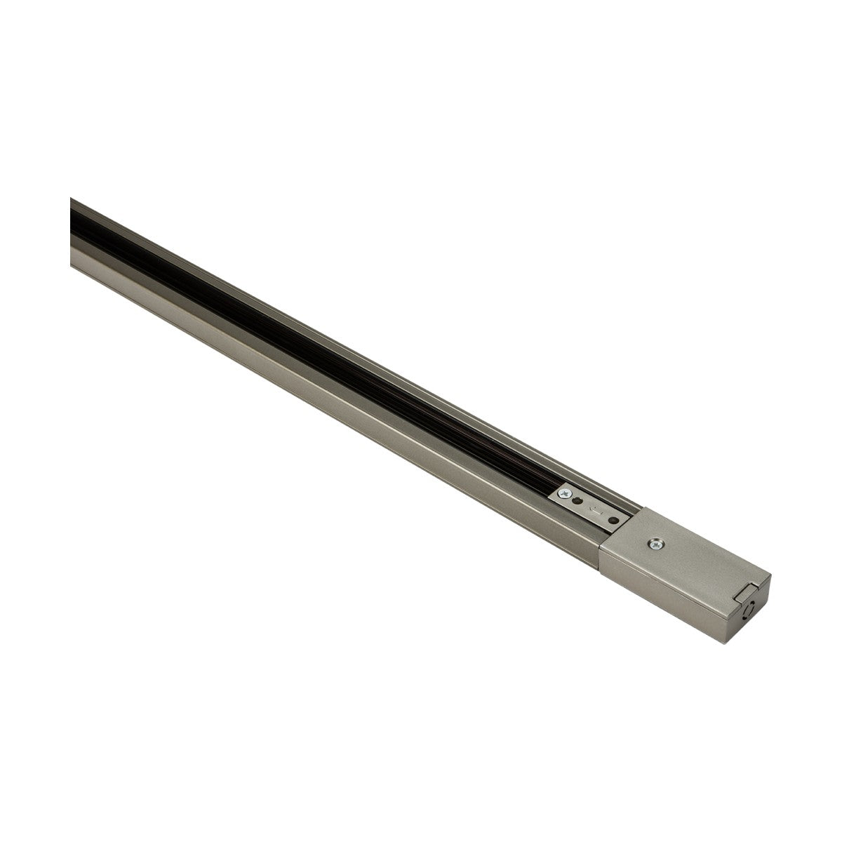 The Single Circuit Track 10A in Satin Nickel is a sleek and metallic rail, featuring a square end unit with a couple of small buttons or connectors. This 2-meter track, crafted from aluminium, predominantly showcases a silver finish with a narrow black strip running through its center, all against a plain white background.