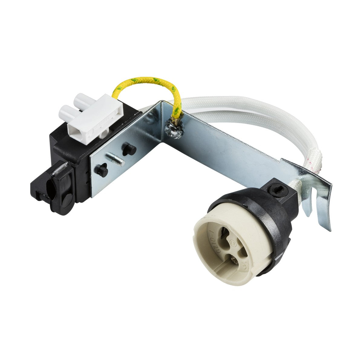 The GU10 Lampholder With Bridge is an electrical component featuring a metal bracket, a white socket, and a yellow wire. It includes a black-and-white switch mechanism and has a wrapped cable extending from the bracket, along with a GU10 lamp holder that supports a maximum wattage of 50W.