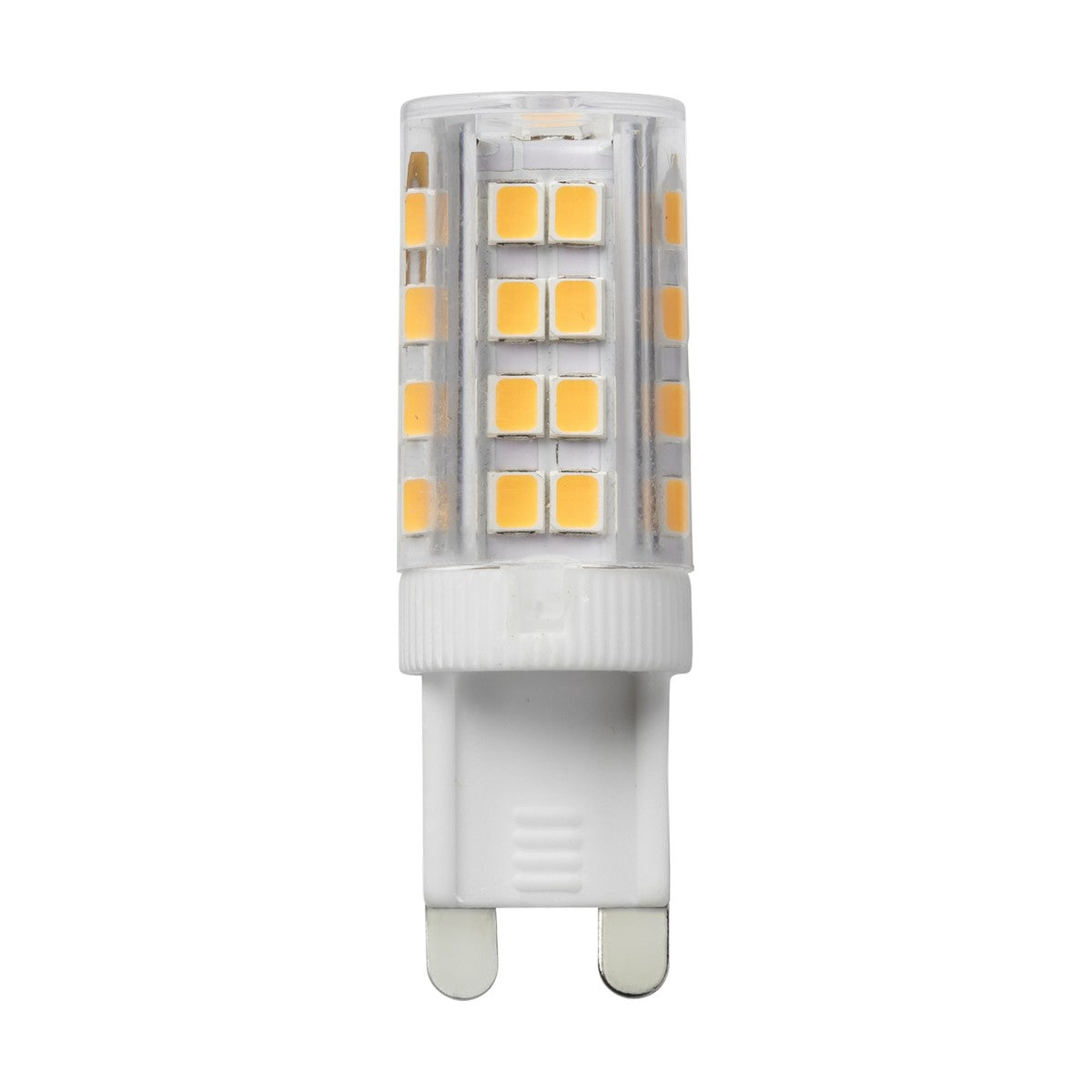 The 3W G9 LED Capsule Bulb - 2700K is a compact, transparent bulb featuring a cylindrical shape with multiple small, illuminated squares inside. It emits a warm white glow at 320lm and has a bi-pin base at the bottom for easy installation.