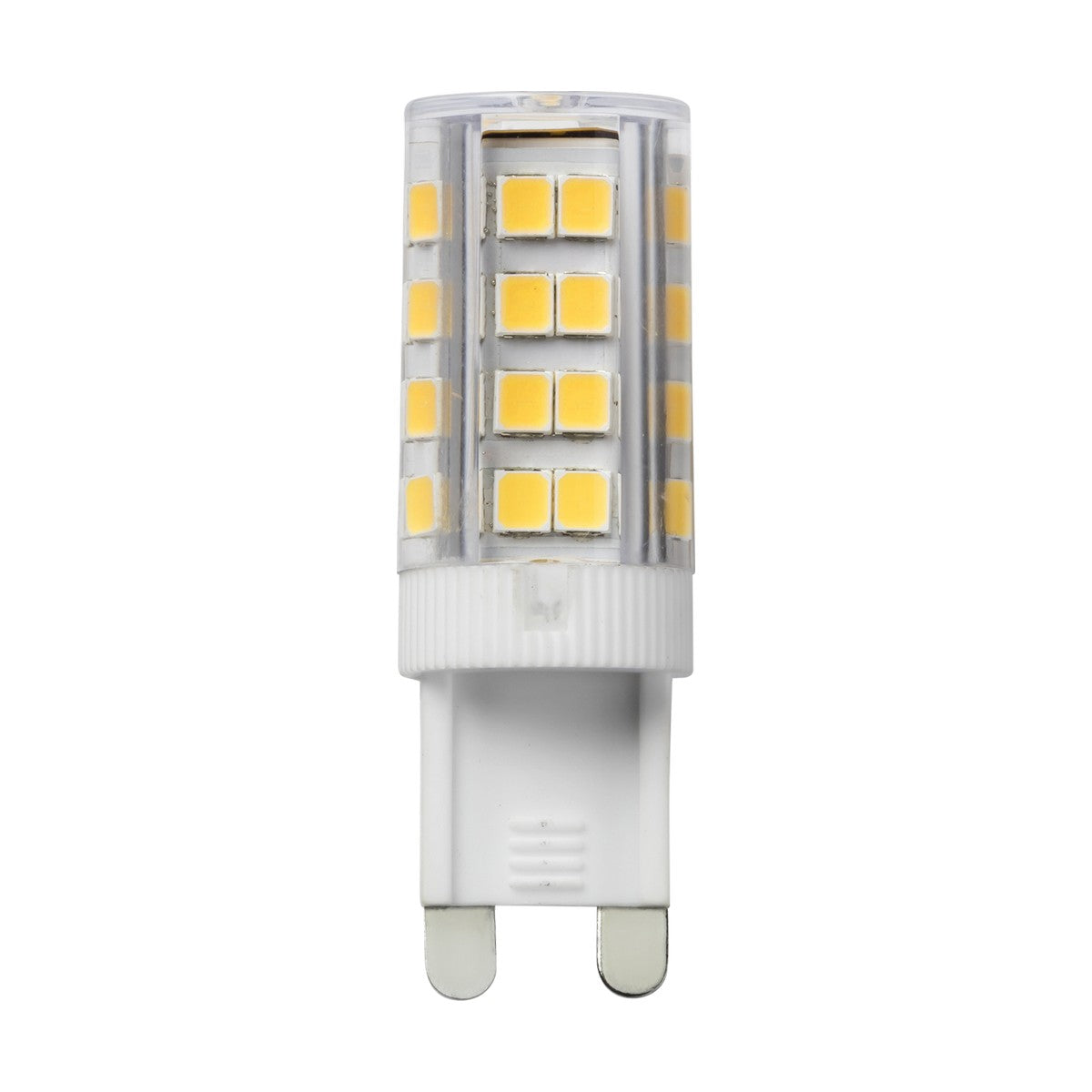 A close-up of the 3W G9 LED Capsule Bulb - 4000K, featuring a transparent cover, reveals multiple small yellow LED chips arranged in rows. This 355lm lamp includes a two-pin base, making it an ideal G9 halogen replacement for specific light fixtures.