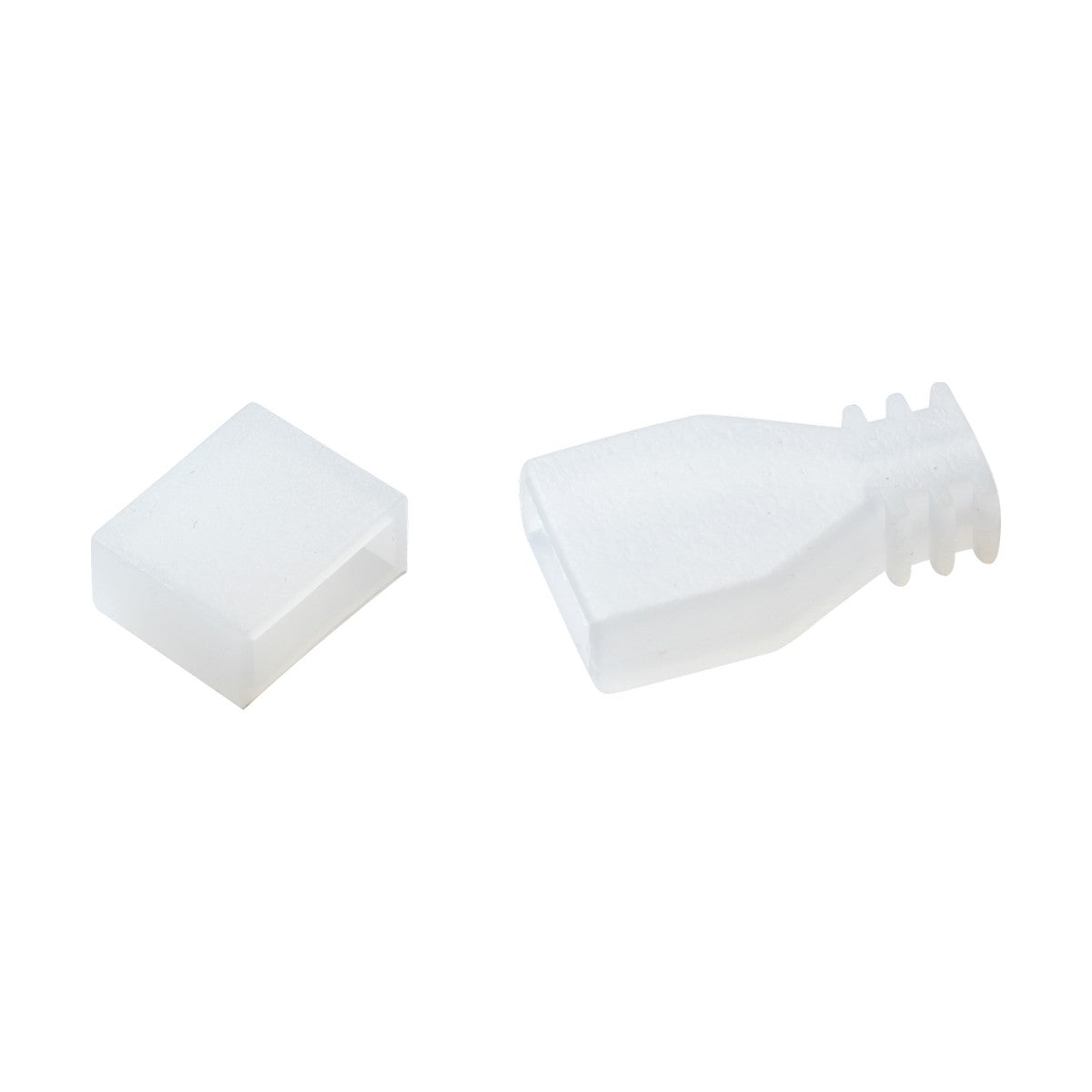On a white background, the LFC IP67 Front And End Cap 10mm, made of white plastic, is showcased. The cap, featuring a flared shape and ribbed end, pairs elegantly with its sleek rectangular design. It's perfect for setups requiring single color LED flex lighting, providing both functionality and style.