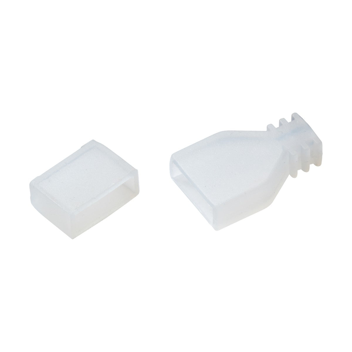 The LFC IP67 Front And End Cap 12mm is a transparent, rectangular plastic cap featuring a ribbed neck and a separate lid, crafted for sealing or protecting LED flex connectors or RGB cables.