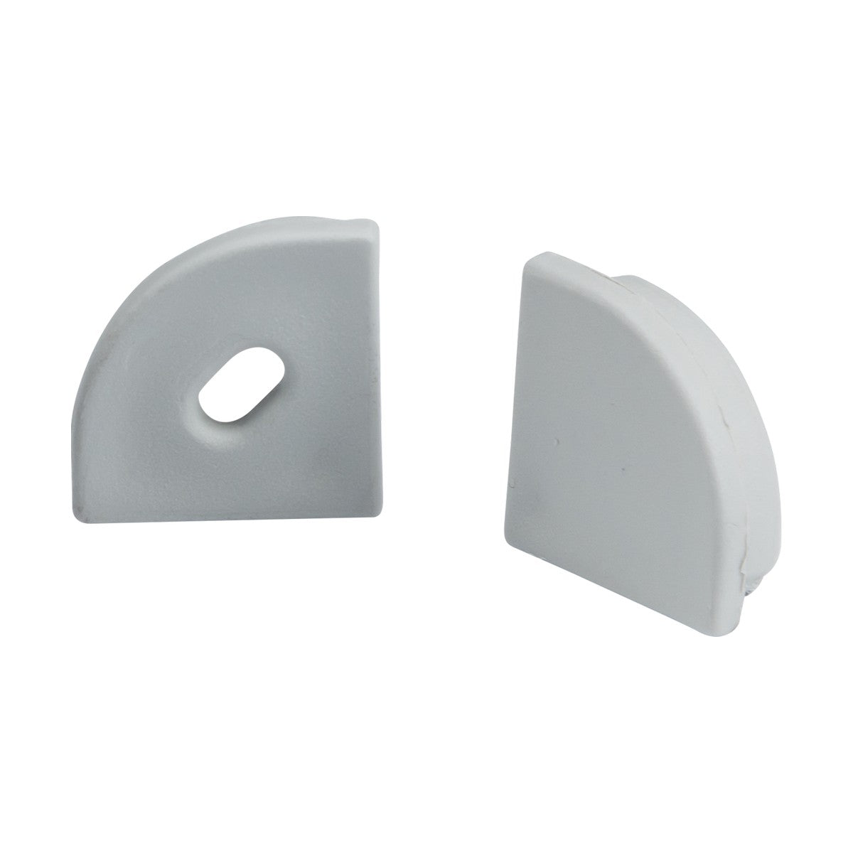 Two gray, curved Aluminium Corner Profile End Caps made of polycarbonate, one featuring an oval hole and the other plain. Positioned on a white background, they seem to serve as connectors or protectors for furniture or walls.