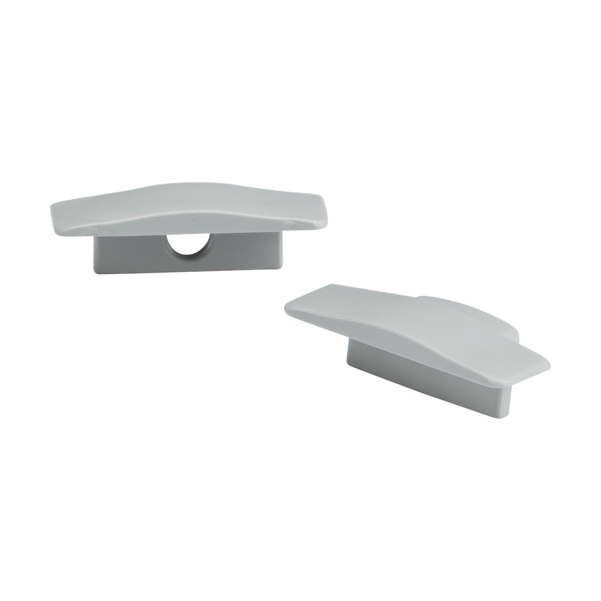 Two gray Aluminium Recessed Profile End Caps with a horizontal orientation. One end cap features a circular hole, while the other is solid. Both have a slightly curved design and smooth surface, suitable for electrical outlets or switches, creating a sleek appearance.