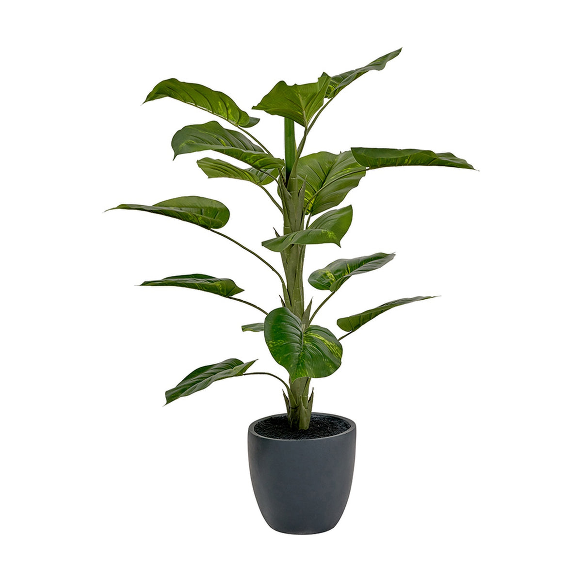 Artificial Elephant Ear plant, 120cm, with broad green leaves on multiple stems in a round matte black pot, shown on a plain white background.