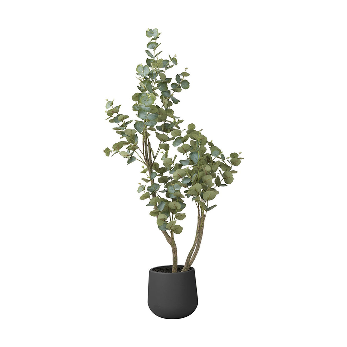 Artificial tree in a round matte black pot, 130cm tall, with green rounded eucalyptus-style leaves on multiple slender stems, shown against a plain white background.