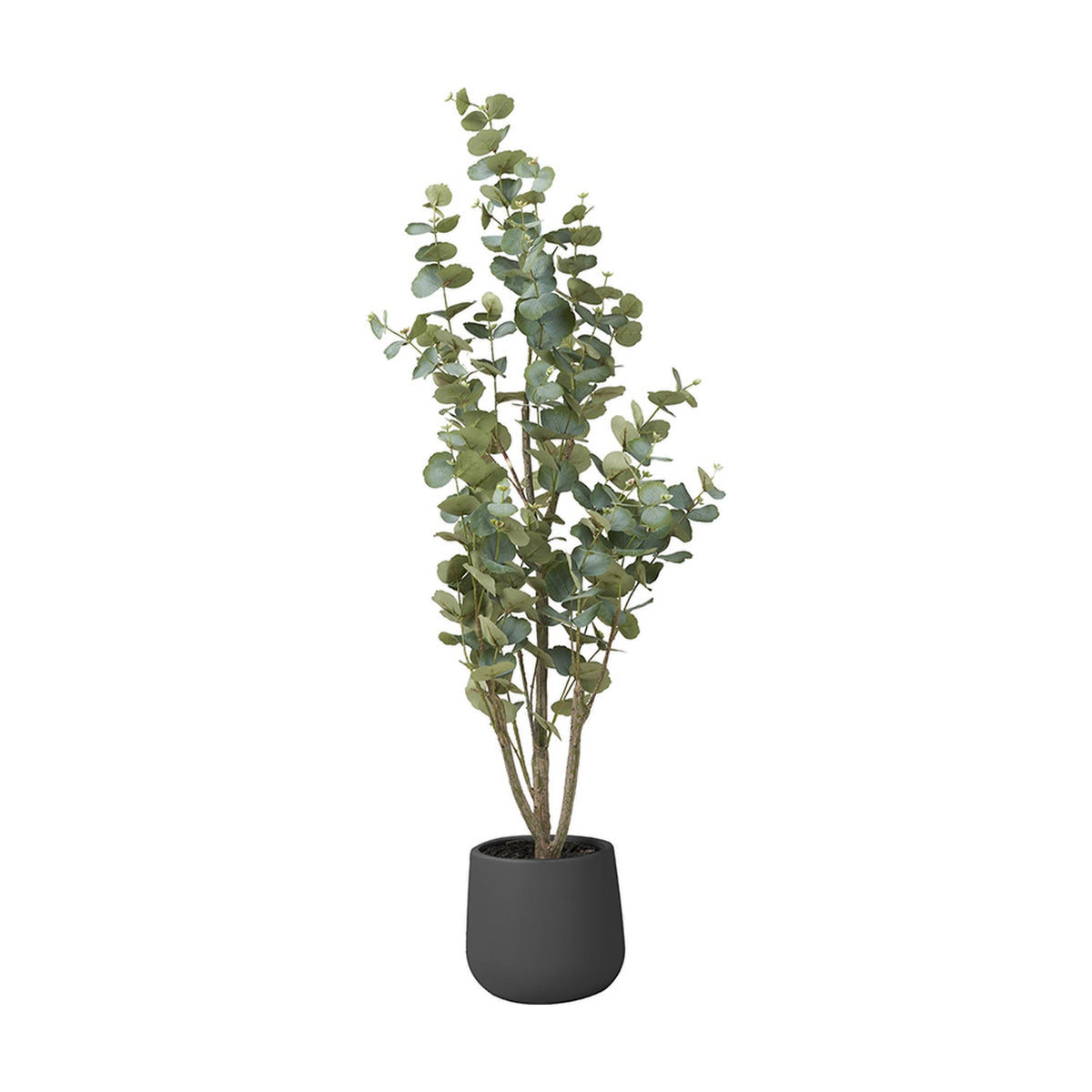 Faux tree in a round grey pot, 130cm tall, with slender branches and rounded green foliage, set against a plain white background.