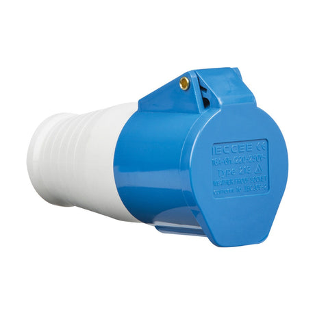 The 16A 2 Pole Earth Connector is a blue and white industrial electrical plug with a protective cap designed for high-capacity 240V connections. It offers an IP44 rating for durability, with voltage and type specifications printed on the cap.