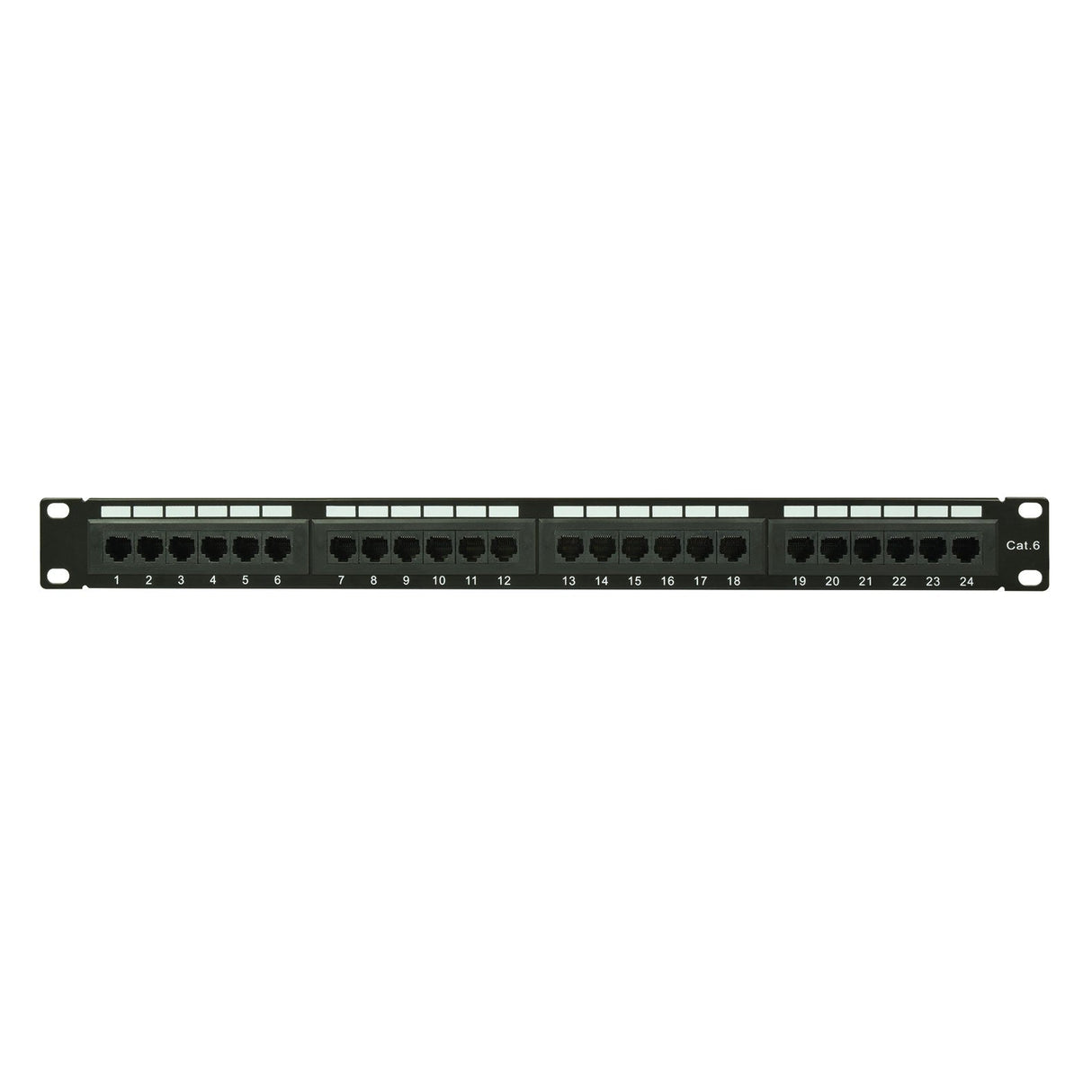 The Adastra 24-Port CAT6 IDC Patch Panel 1U + Cable Management is a sophisticated black patch panel designed with 24 Ethernet RJ45 sockets, arranged in two tidy rows for superior organization.