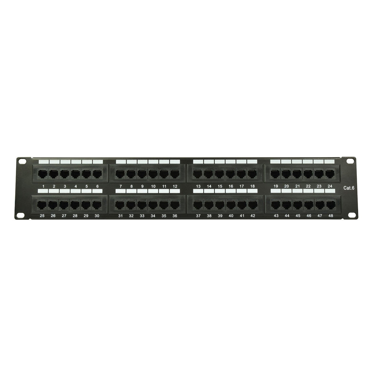 Depicted is the Adastra 48-Port CAT6 IDC Patch Panel 2U + Cable Management, featuring 48 RJ45 sockets labeled from 1 to 48. This patch panel is specifically designed for Category 6 Ethernet connections, making it ideal for organizing and connecting network cables in data centers and communication rooms. It includes cable management bars that enhance its functionality by ensuring efficient cable organization.