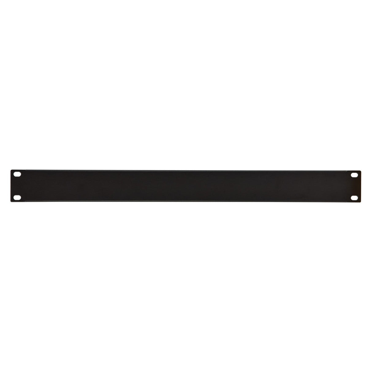 The Adastra 1U Blank Rack Panel 19" is a black rectangular panel made from powder-coated steel, designed with four screw holes, one in each corner, for easy rack mounting. Its plain and smooth surface makes it perfect for use as a blanking panel in standard equipment racks.