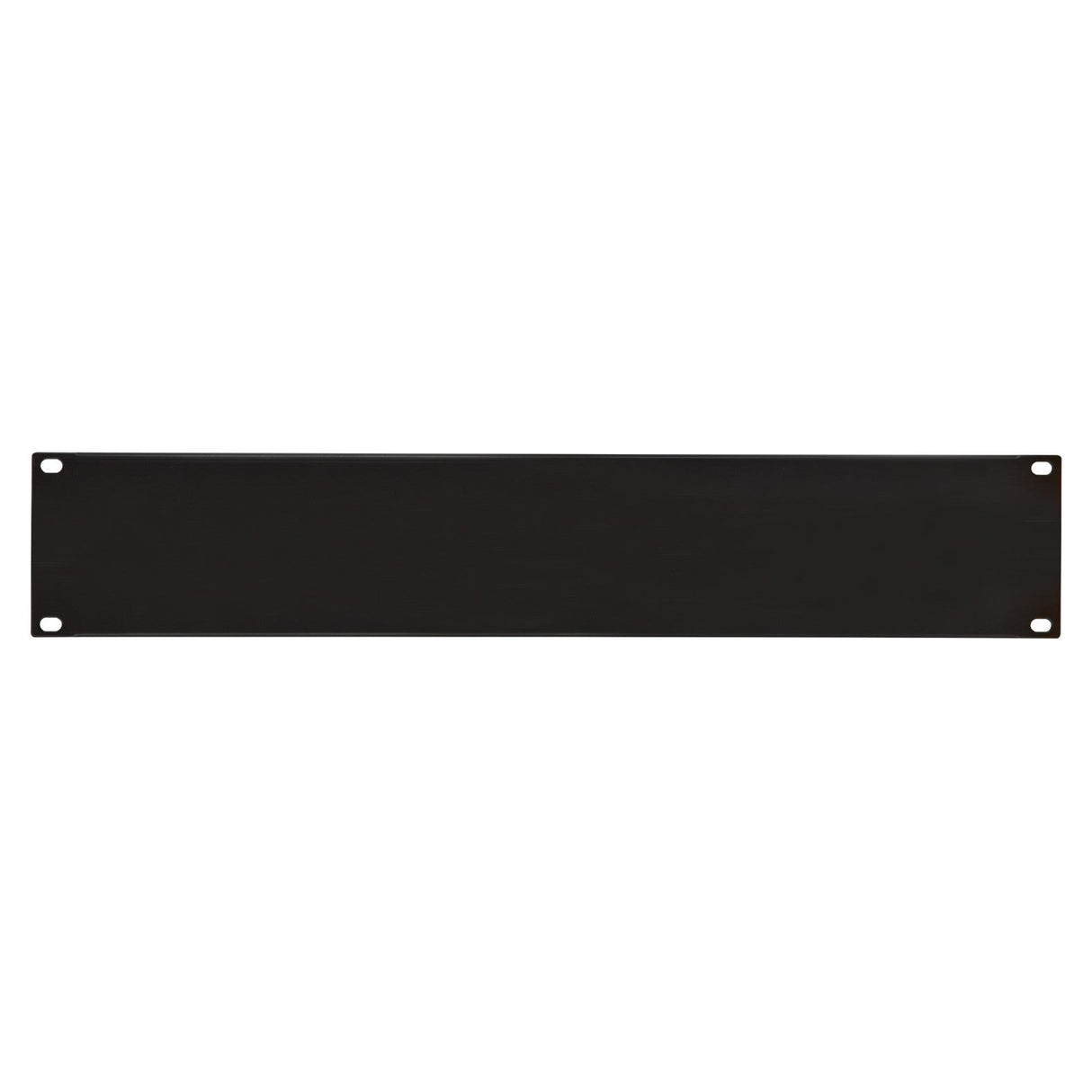 The Adastra 2U Blank Rack Panel 19" is a rectangular, flat, black metal plate crafted from powder-coated steel with four screw holes, one in each corner. Set against a white background, this versatile panel is perfect for rack mounting or covering applications in various settings.