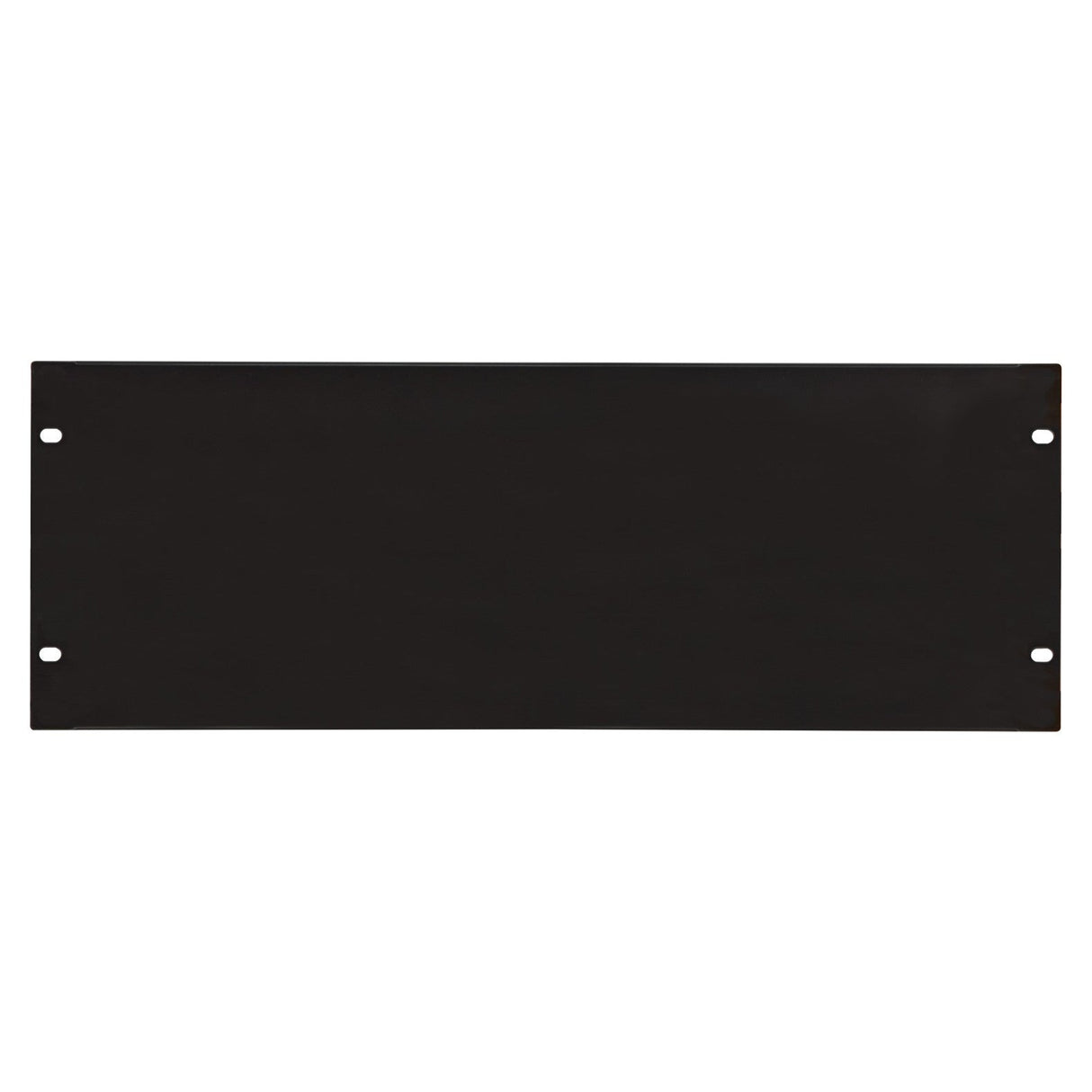 The Adastra 4U Blank Rack Panel 19" is a rectangular black metal plate made from powder-coated steel. It has rounded corners and includes four holes for rack mounting, one in each corner. Its smooth, untextured surface presents a sleek contrast against the plain white background.