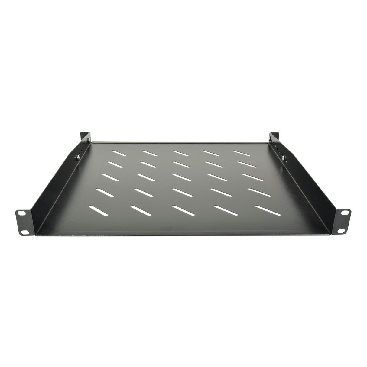 Introducing the Adastra 1U Rack Support Shelf - 440D: This sturdy black metal rackmount shelf is designed with diagonal ventilation slots and rear support brackets. It includes mounting brackets on both sides to ensure seamless installation in your equipment rack cabinet. The flat surface is ideal for securely holding various pieces of equipment.