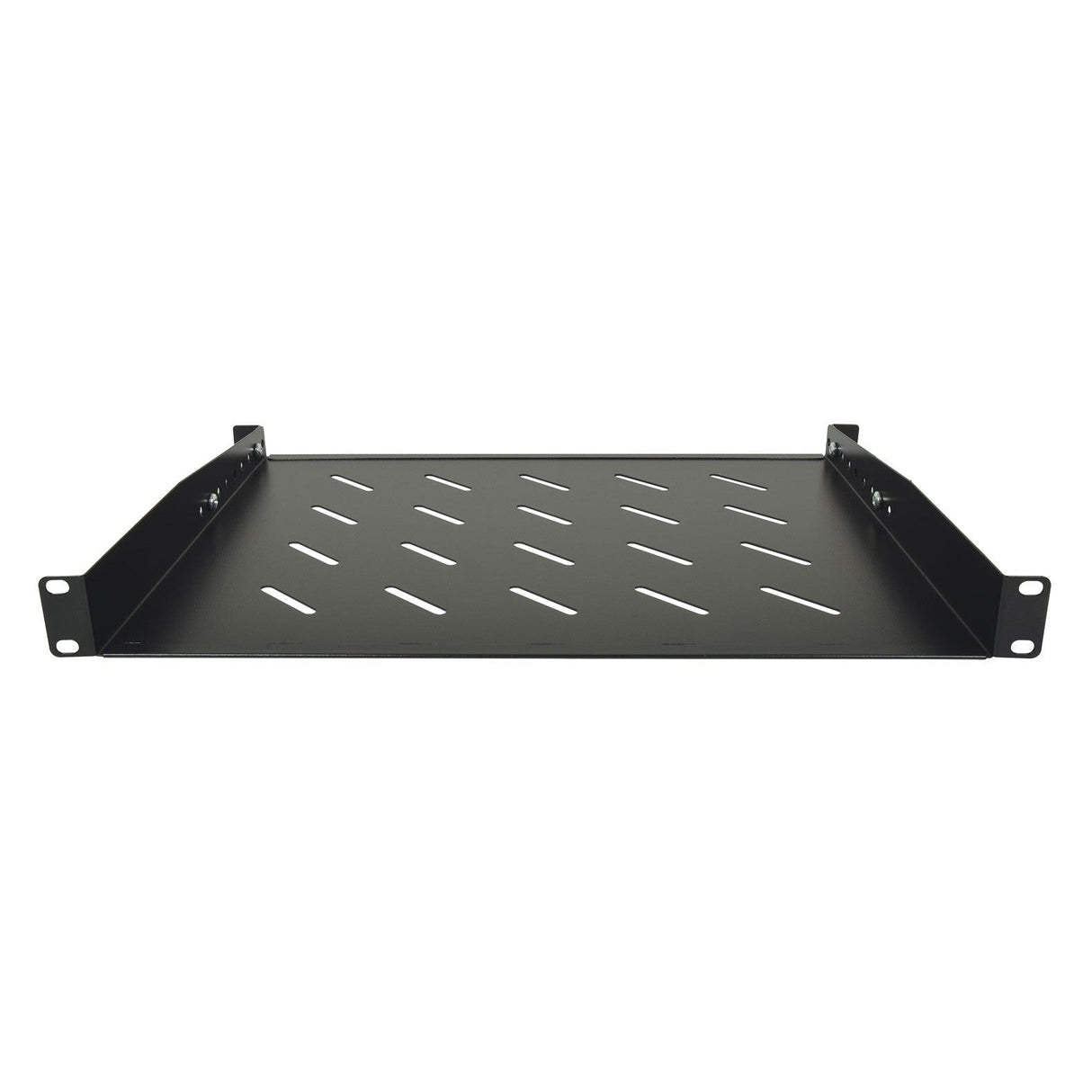 The Adastra 1U Rack Support Shelf - 350D is a black metal shelf with a flat surface and multiple angled vents, featuring adjustable rear support brackets. It includes mounting brackets and holes on each side, designed for seamless installation in a server or network equipment rack cabinet.