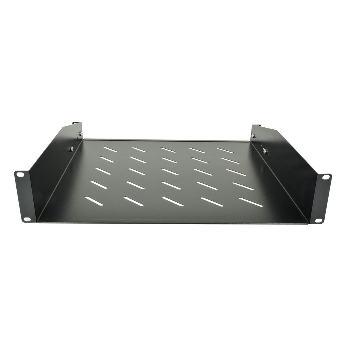 The Adastra 2U Rack Support Shelf - 440D is a black metal shelf with slotted holes, specifically designed as a rack-mount support. With mounting brackets on each side, it easily fits into a standard rack cabinet. Its straightforward and functional design makes it ideal for securely holding equipment or other items.