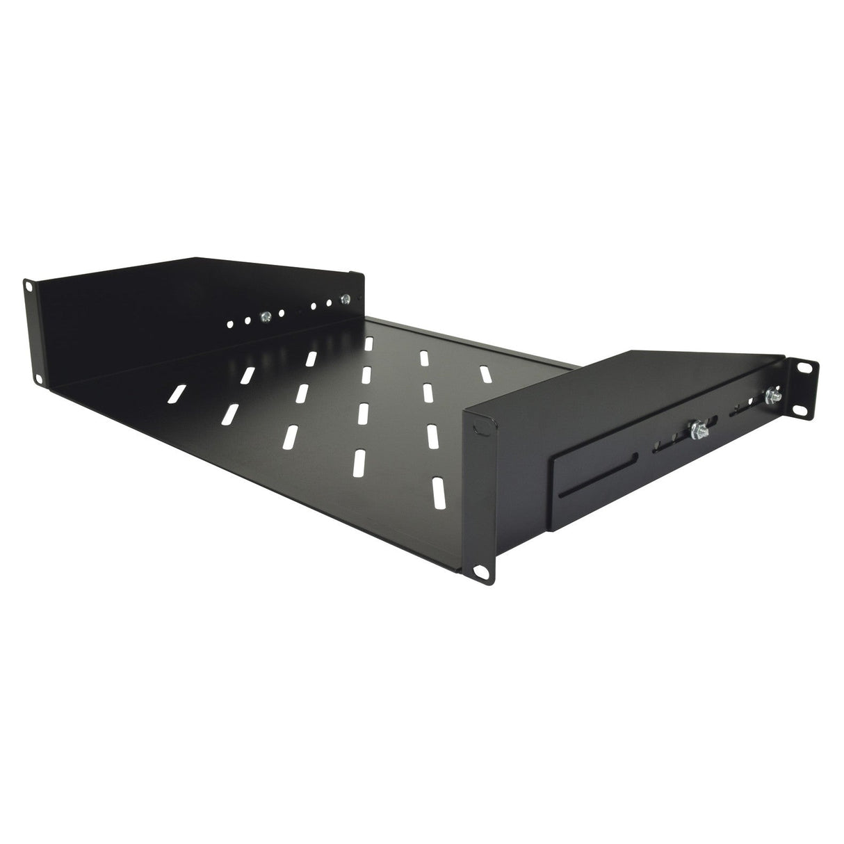 The Adastra 2U Rack Support Shelf - 350D is a black metal rack mount shelf with a perforated design for ventilation, complete with side panels and rear support brackets. It features slotted holes on the front piece for securing equipment, making it an ideal addition to any rack cabinet.