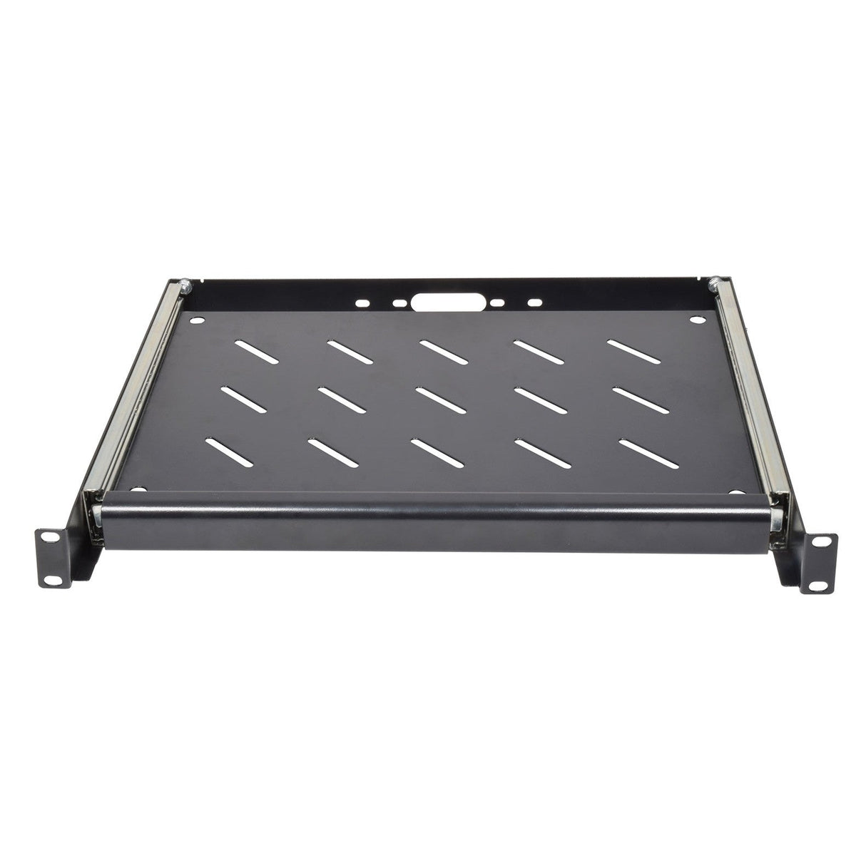 The Adastra 1U Sliding Keyboard Tray Unit is a black metal rackmount server shelf featuring slotted ventilation holes and side mounting brackets, ideal for integration into a 1U rack cabinet.