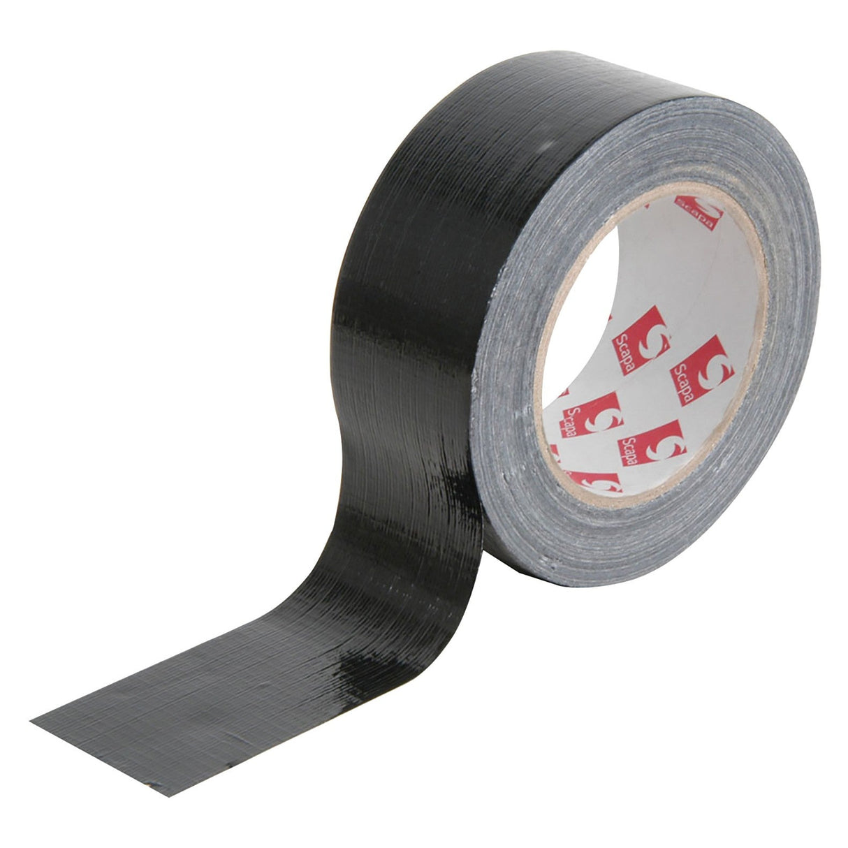 A roll of Ultratape Gaffa Tape 40mm x 59M- Black is partially unrolled, revealing its glossy, textured surface. Perfect for stage and AV setups, the inner cardboard core displays striking red and white branding.