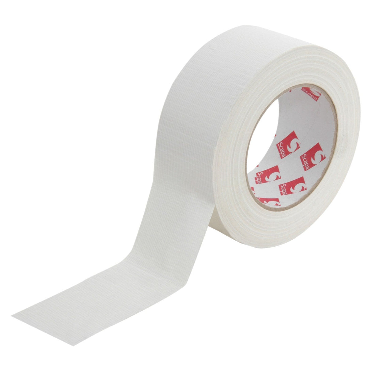 A roll of Ultratape Gaffa Tape 40mm x 59M in white with a textured surface is partially unrolled, displaying its red and white branded inner core typical of medium-strength adhesive tapes.