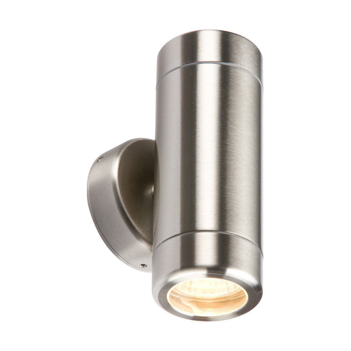 The Outdoor Up & Down Wall Light - Stainless Steel is a sleek cylindrical fixture designed for vertical wall mounting. It sports a minimalist design, boasts an IP65 rating for durability, and uses a GU10 lamp to emit light from the bottom.