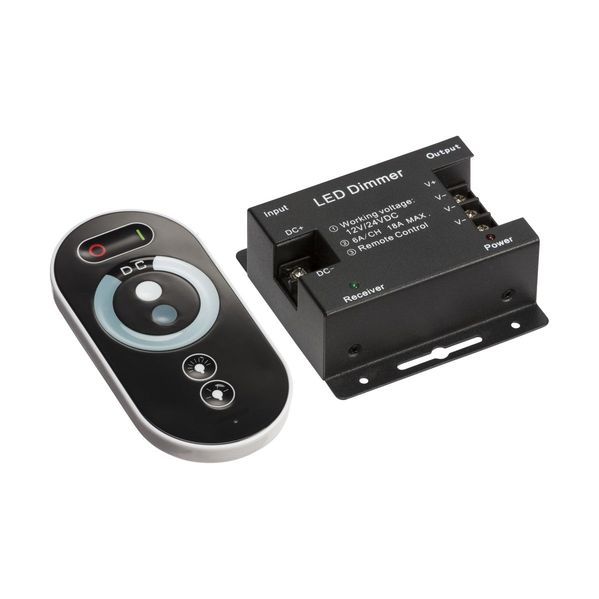 Introducing the 12V/24V RF Controller & Touch Remote - Dimmer Single Colour, a wireless RF signal control system with a remote featuring circular buttons. The LED dimmer unit includes clearly labeled input and output terminals, making it ideal for adjusting brightness on dimmable LED flex lighting systems.
