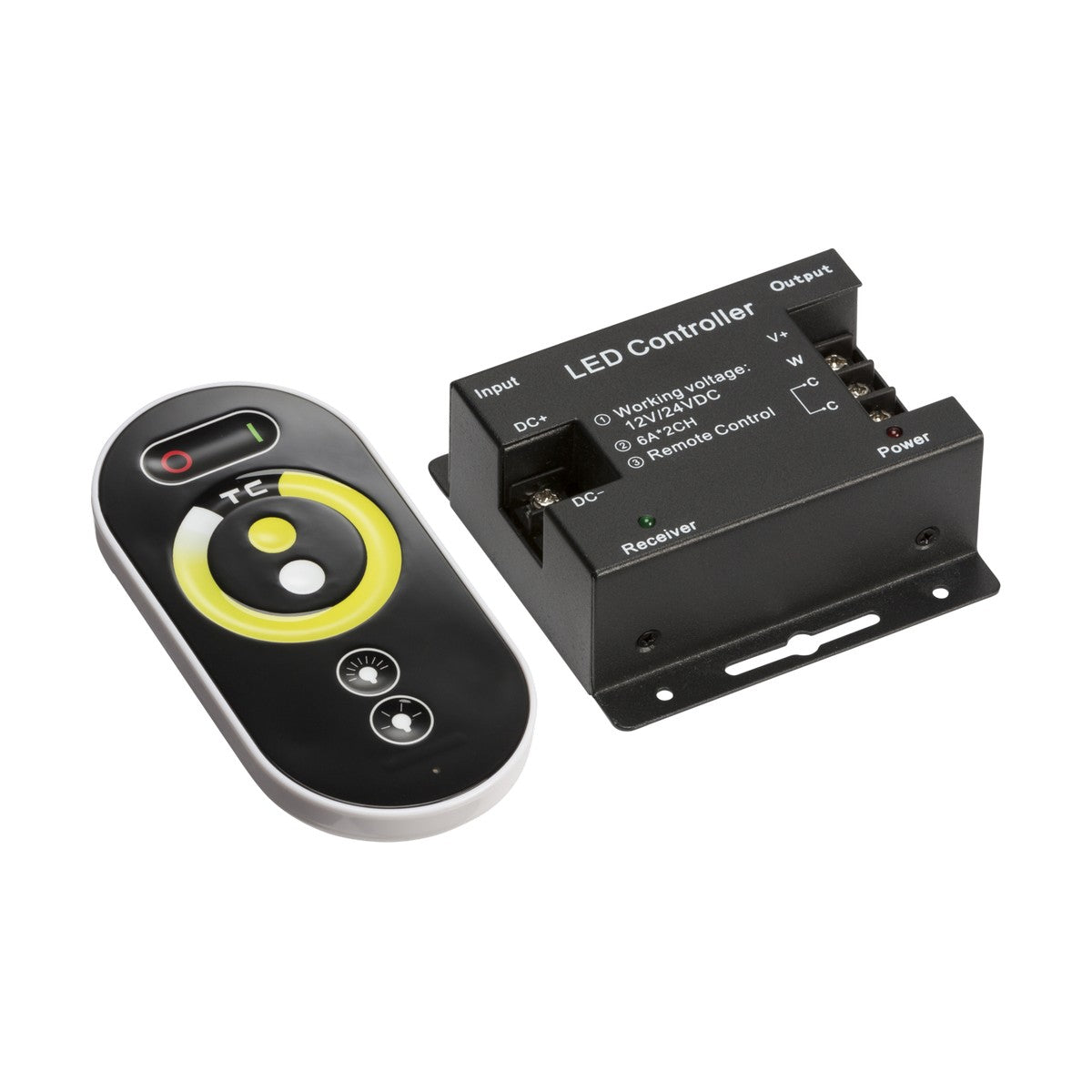 The 12V/24V RF Controller & Touch Remote - CCT includes a black LED controller with clearly labeled input and output ports. It is paired with a multifunction remote that features buttons, a circular dial, and wireless RF signal control, all designed for adjusting colour temperature against an elegant white background.