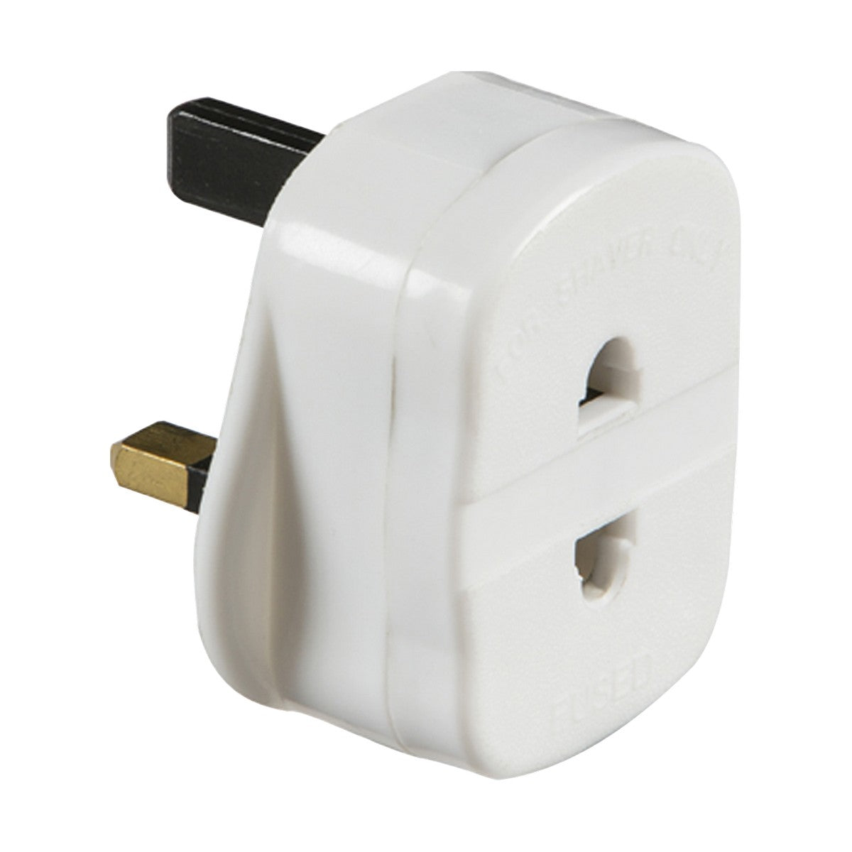 The Shaver Adaptor Fused by Knightsbridge is a UK plug adaptor showcasing three rectangular pins arranged in a triangular configuration. When viewed at an angle, it displays its pin setup and a front slot, ideal for seamlessly connecting shavers or other devices.