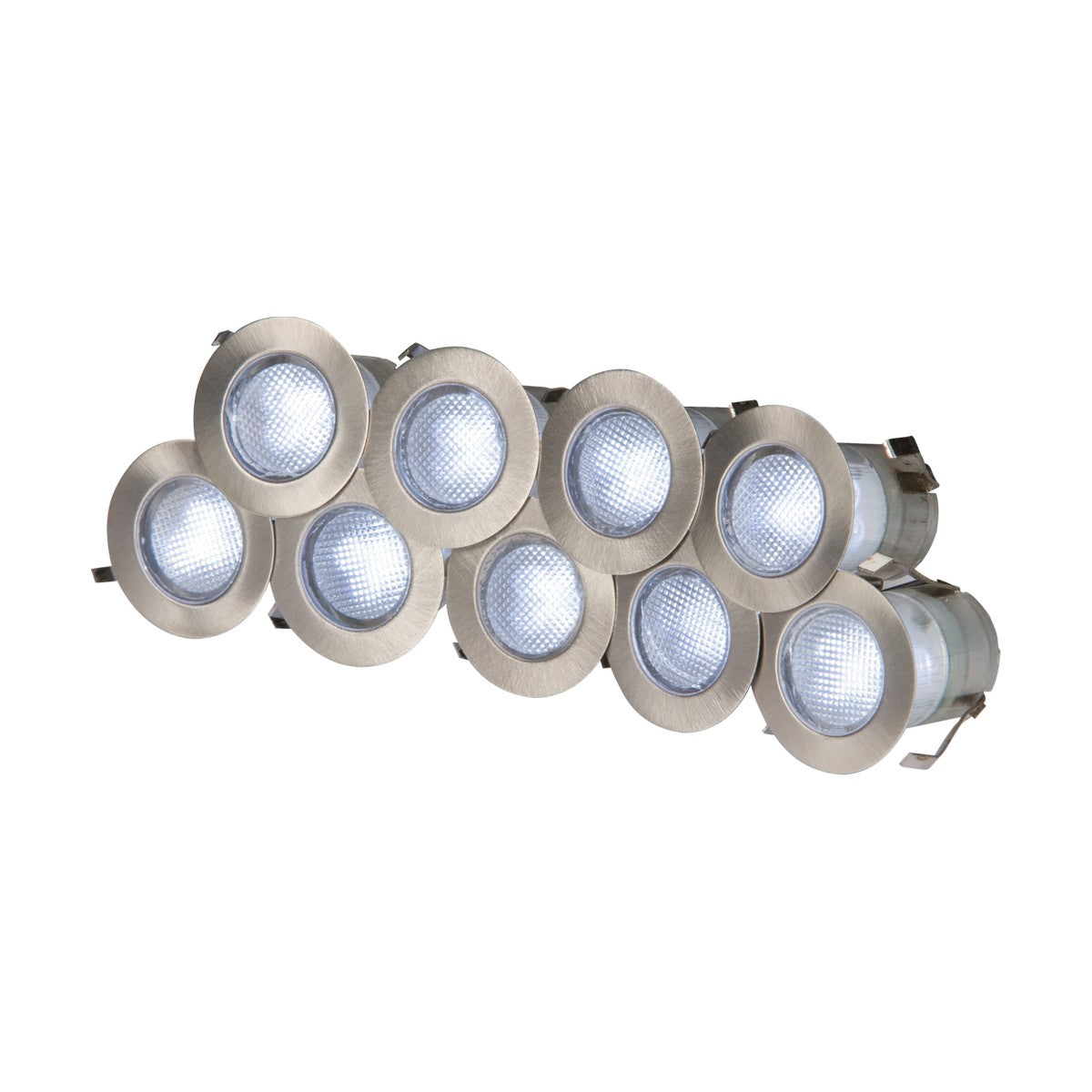 A grouping of contemporary Outdoor 0.2W LED Deck Lights, boasting stainless steel bezels and a bright white 6000K glow, arranged in a staggered formation against a white backdrop.