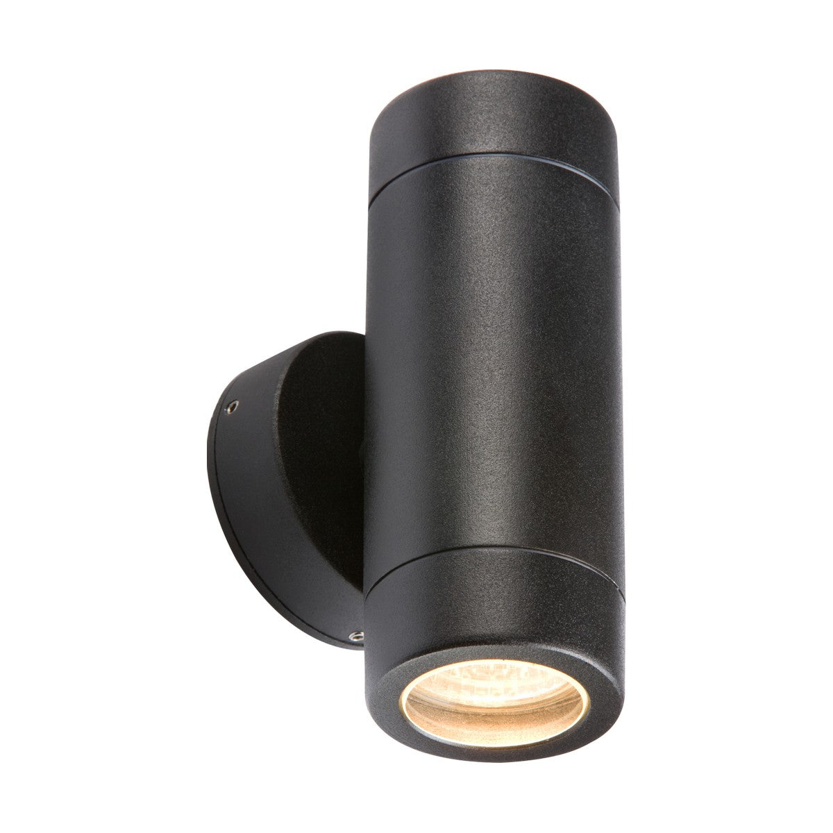 Introducing the Outdoor Up & Down Wall Light - Black, a sleek and cylindrical wall lamp with a refined stainless steel finish. Designed to be mounted on a wall bracket, it directs light both upwards and downwards. Its minimalist design complements modern interiors or exteriors beautifully.