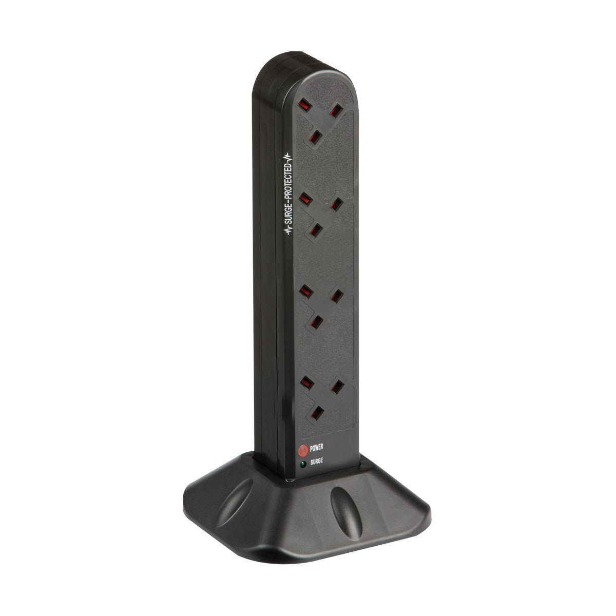 The 8 Gang 2M Surge Protected Tower is a tall, black vertical power strip featuring multiple outlets organized diagonally for optimal cable management. It stands on a flat, circular base with surge and power indicators, ensuring safety with its child-protected design while efficiently powering multiple electronic devices.