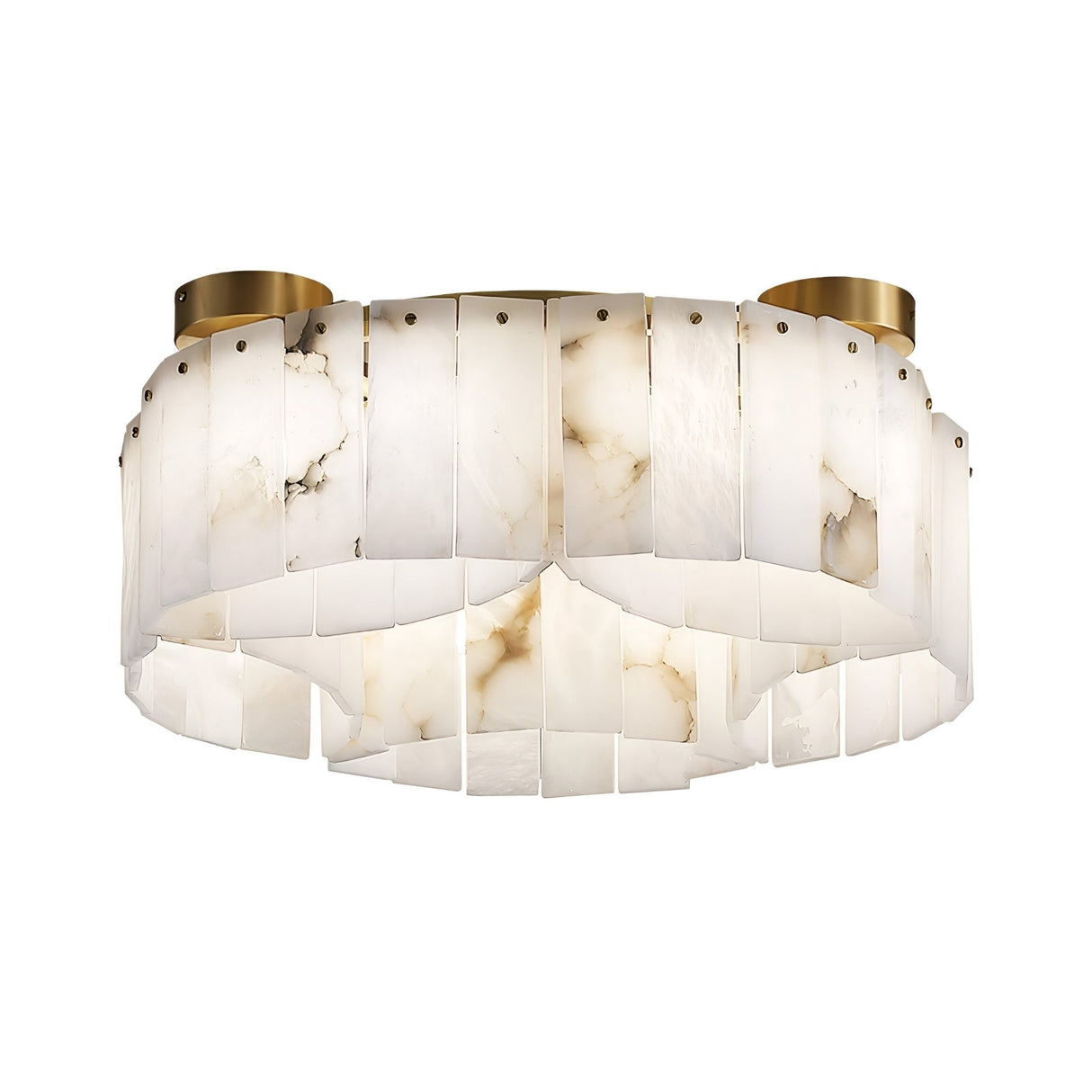The Caldrisa 16 Light Layer Panel Alabaster Semi-Flush Ceiling Light features overlapping Spanish alabaster panels and brass accents, emitting a soft white glow with modern elegance.