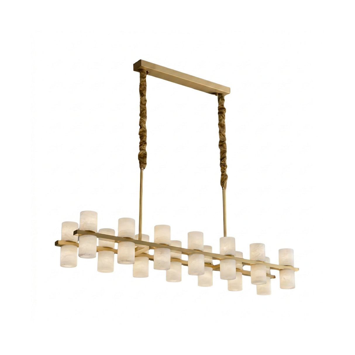 Niori Valenro 24 light linear chandelier with two staggered rows of alabaster cylinder shades on a brass bar, hung from textured rods and a rectangular canopy.