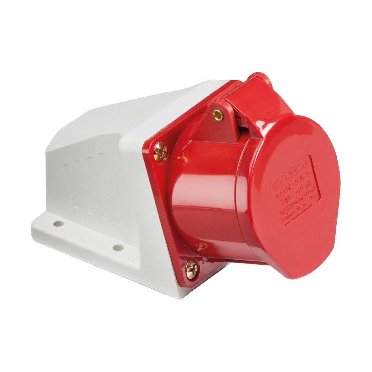 The 16A 3 Phase Neutral Earth Angled Surface Mount Socket is elegantly displayed on a white base. It features an upward angle with visible mounting screws, a mainly white body, and vibrant red cap and connector, designed for 415V.