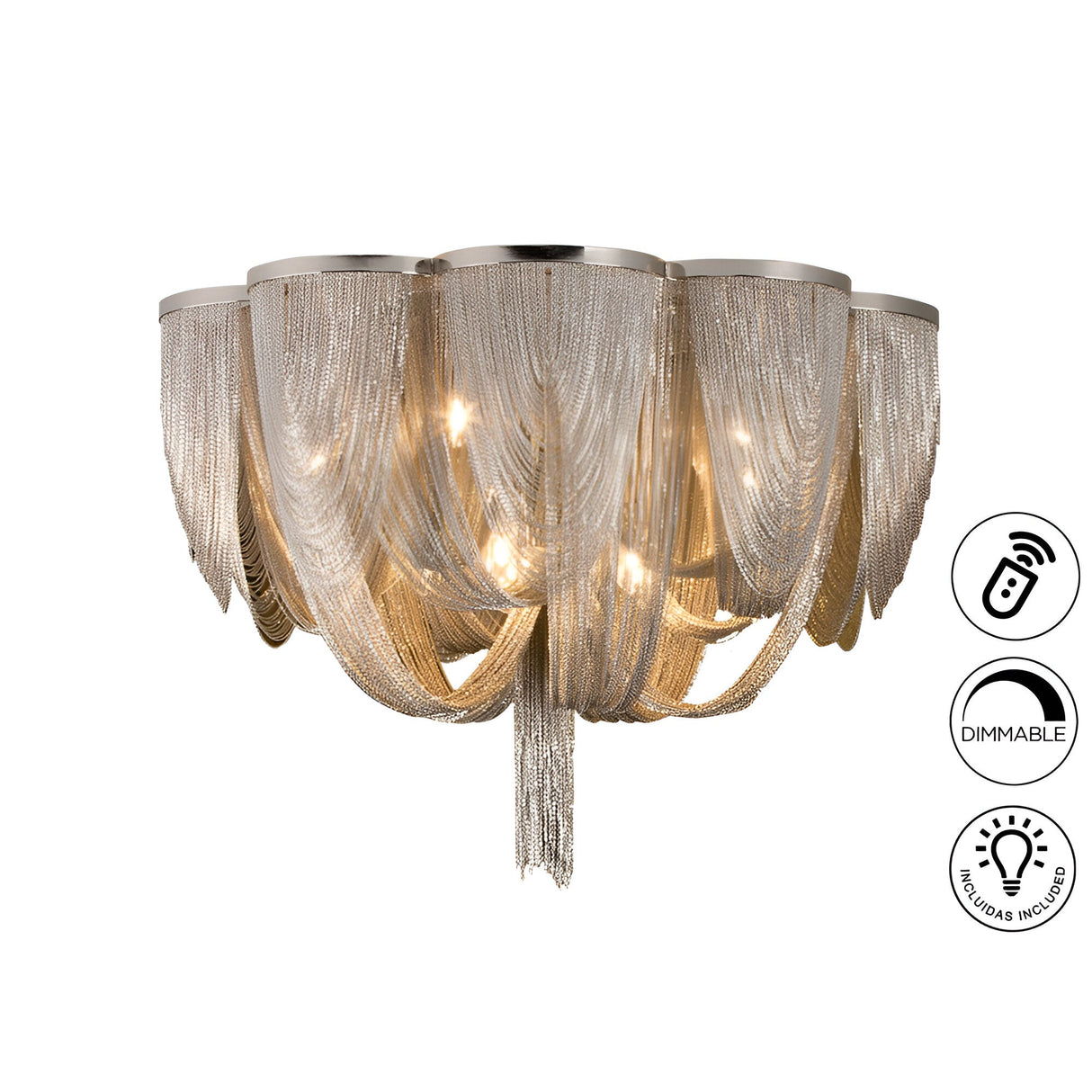 Minerva 10 Light Flush Chandelier - Nickel (With Remote Control)