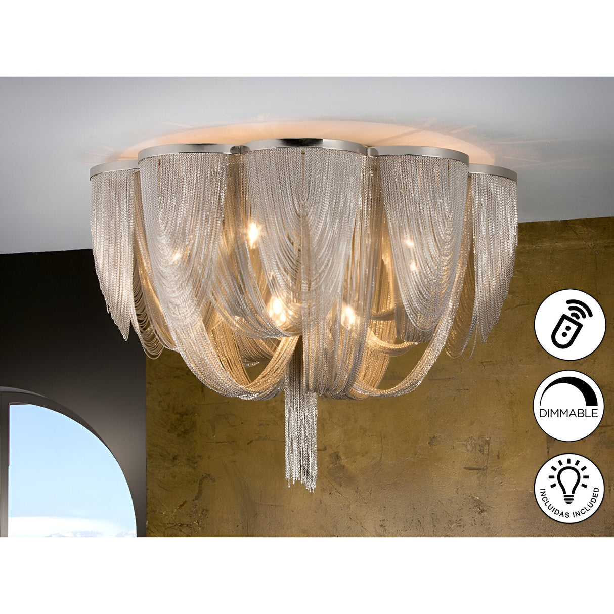 Minerva 10 Light Flush Chandelier - Nickel (With Remote Control)