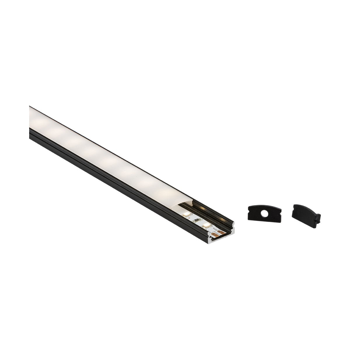The image displays a sleek, slim LED strip light titled "Aluminium LED Profile 1m Surface Mount - Black." The black aluminium profile is integrated with a diffuser cover and is partially illuminated. Nearby, there are two small black end caps: one with a hole and the other solid. The overall design stands out against a white background.