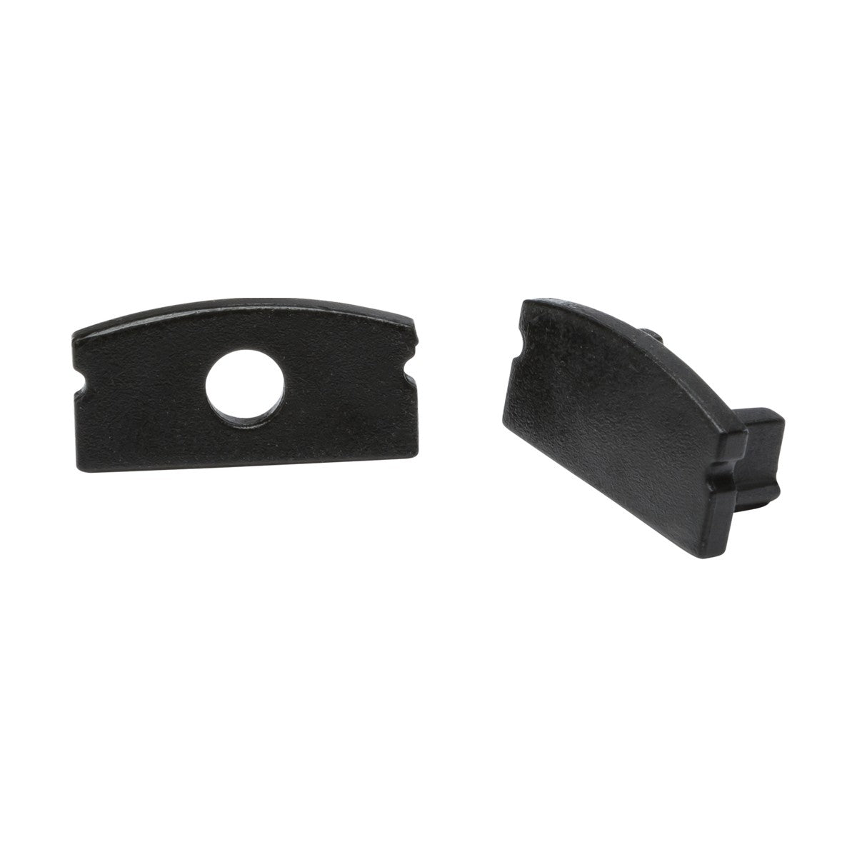 Displayed are two Aluminium Surface Mount Profile End Caps in black polycarbonate, one featuring a circular hole and the other being solid. These small, rectangular fixing clips have a slightly curved top edge, making them ideal for securing end caps or similar applications.