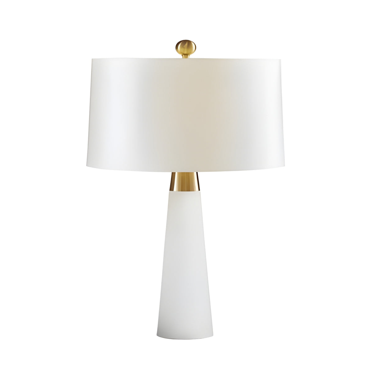 The Arvello 1 Light Slim Tapered Marble Table Lamp in brass and white features a modern conical base with gold accents and a round white shade, adding elegance to any space against a plain white background.