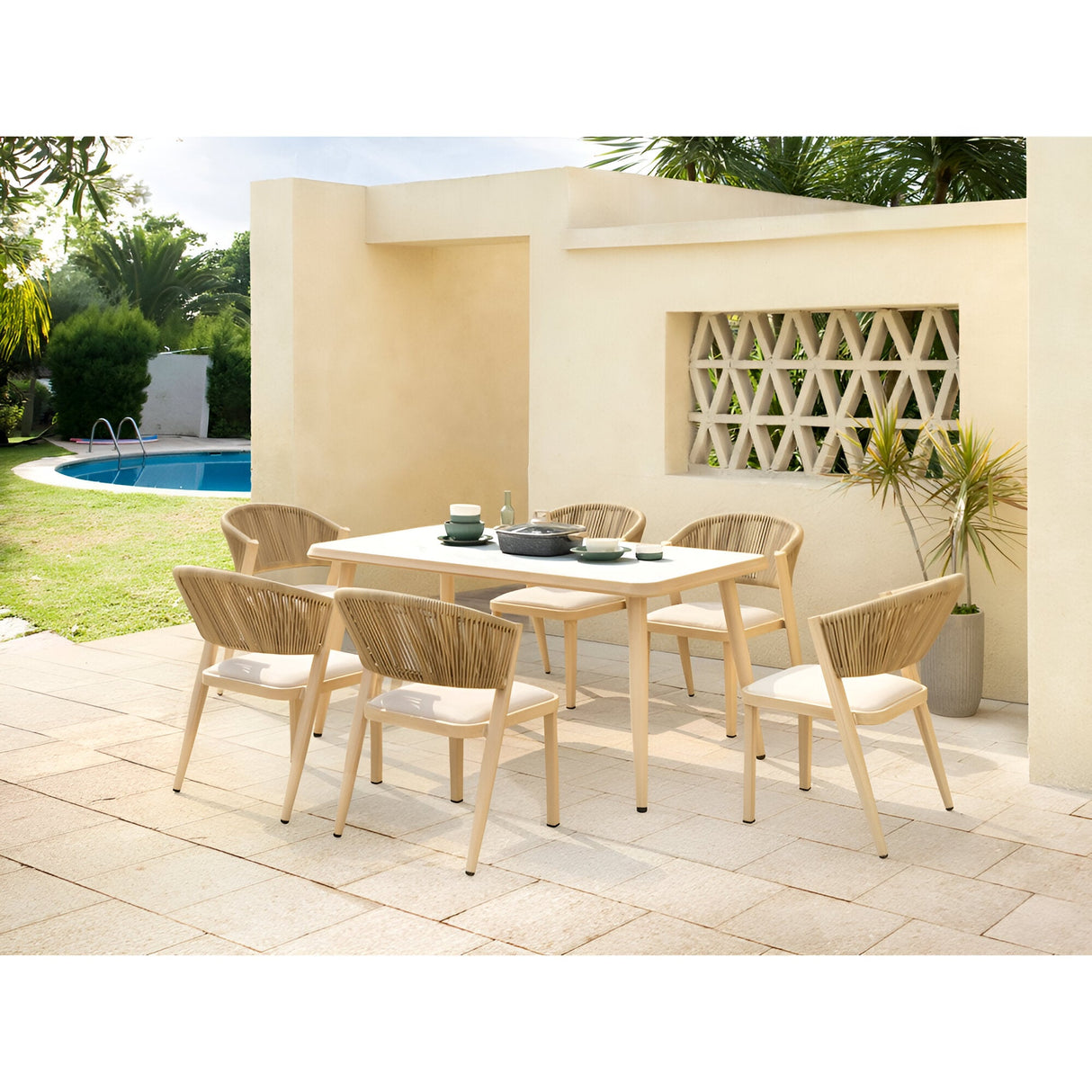 Brizna 6 Seater Outdoor Marble Dining Table Set - Beige/White Marble