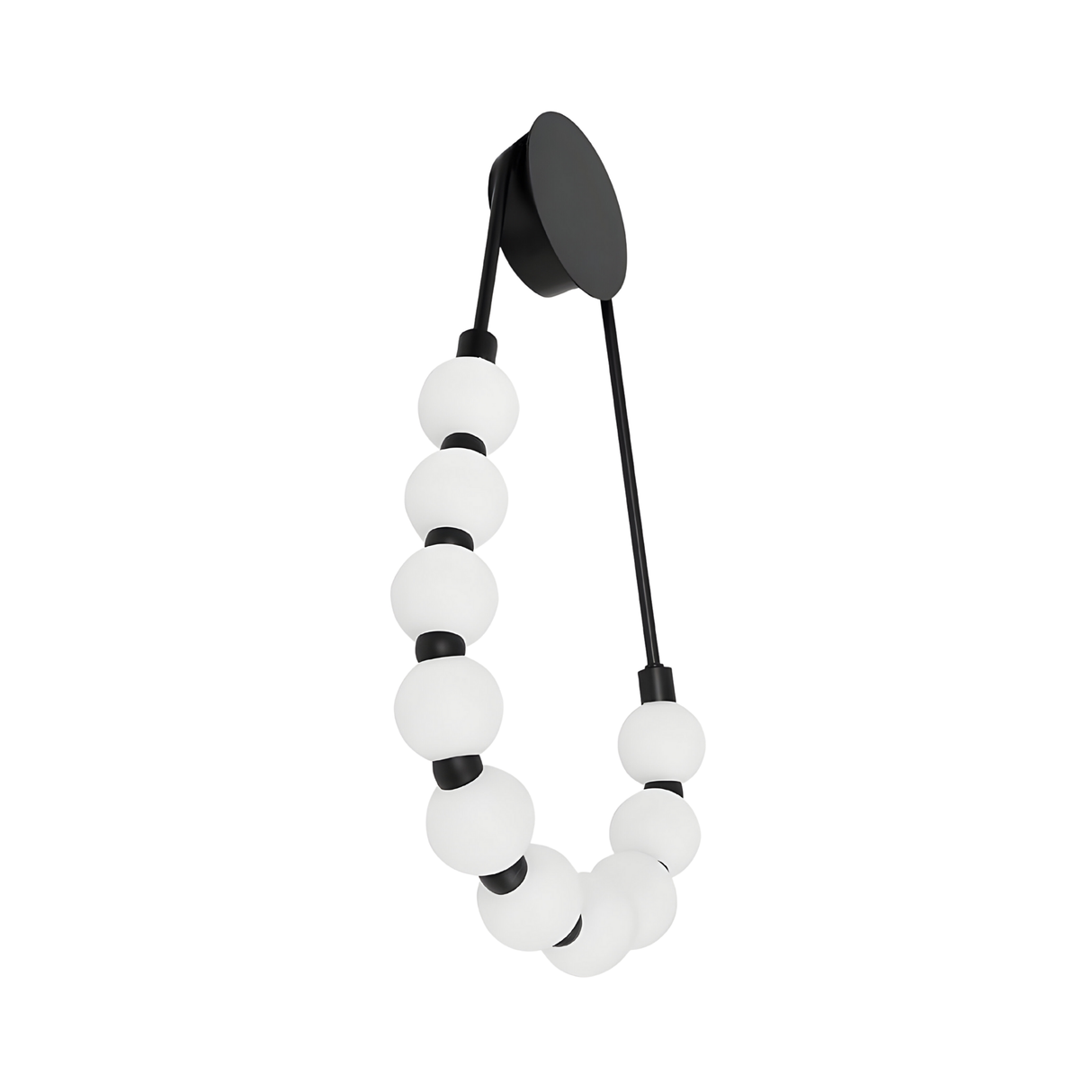 The Elixara 10 Light LED Alabaster Wall Light – White features a modern black metal frame with white spherical bulbs, delivering artistic design and stylish ambient lighting for any contemporary space.