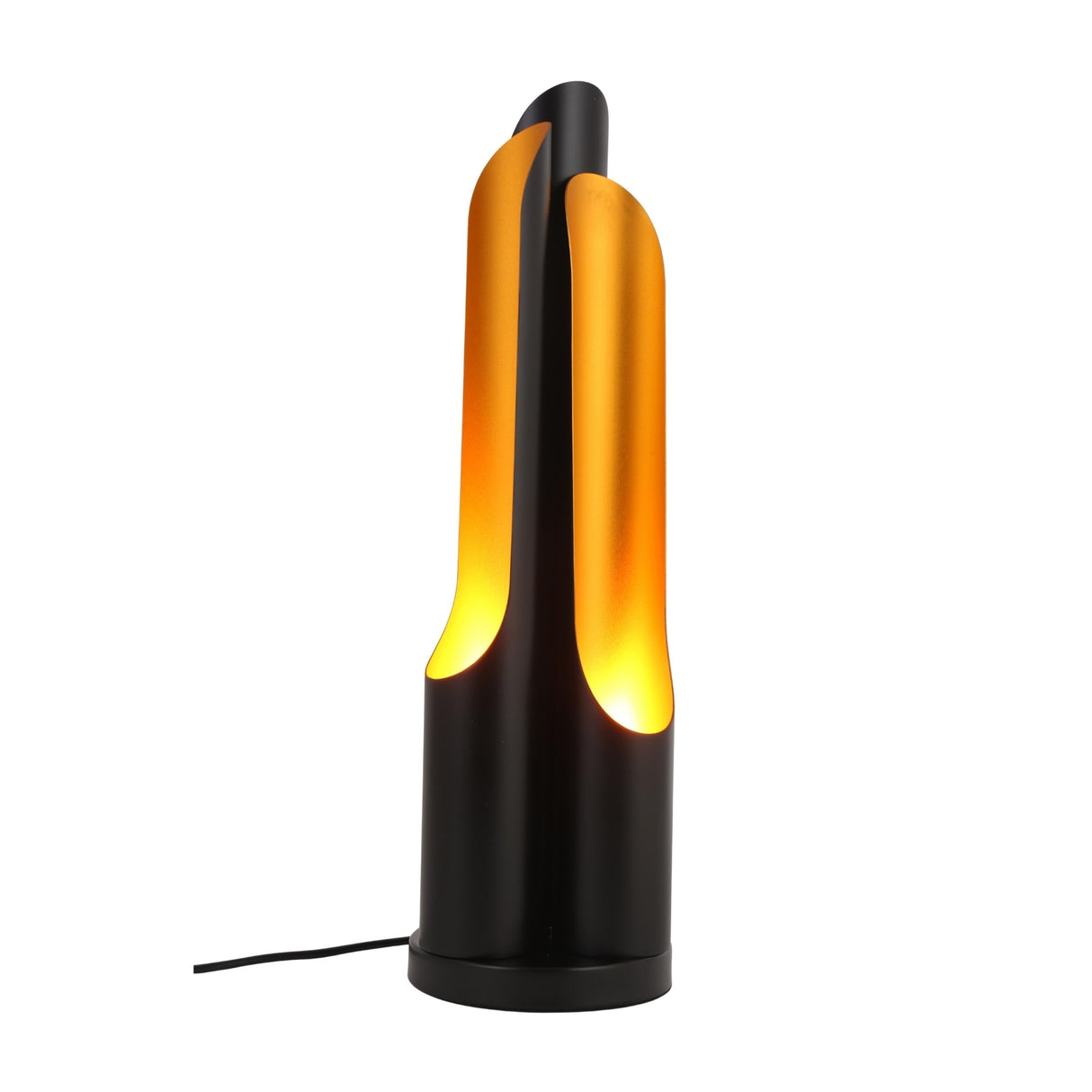 The Stealth Table Lamp - Brass & Black features a sleek, sculptural design with a black cylindrical base and three upward-curving panels that emit a warm yellow-orange glow. A power cord extends from the base for easy use.