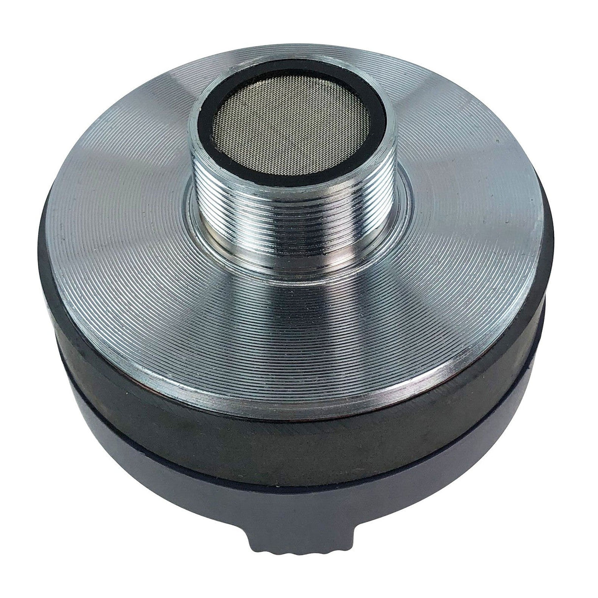 A round metallic faucet aerator with a threaded top and a mesh screen in the center is designed to fit onto a faucet for regulating water flow, similar to the Citronic 34mm (1.35") HF Driver - 35W RMS in precision. The aerator features a shiny silver finish with a textured outer edge.