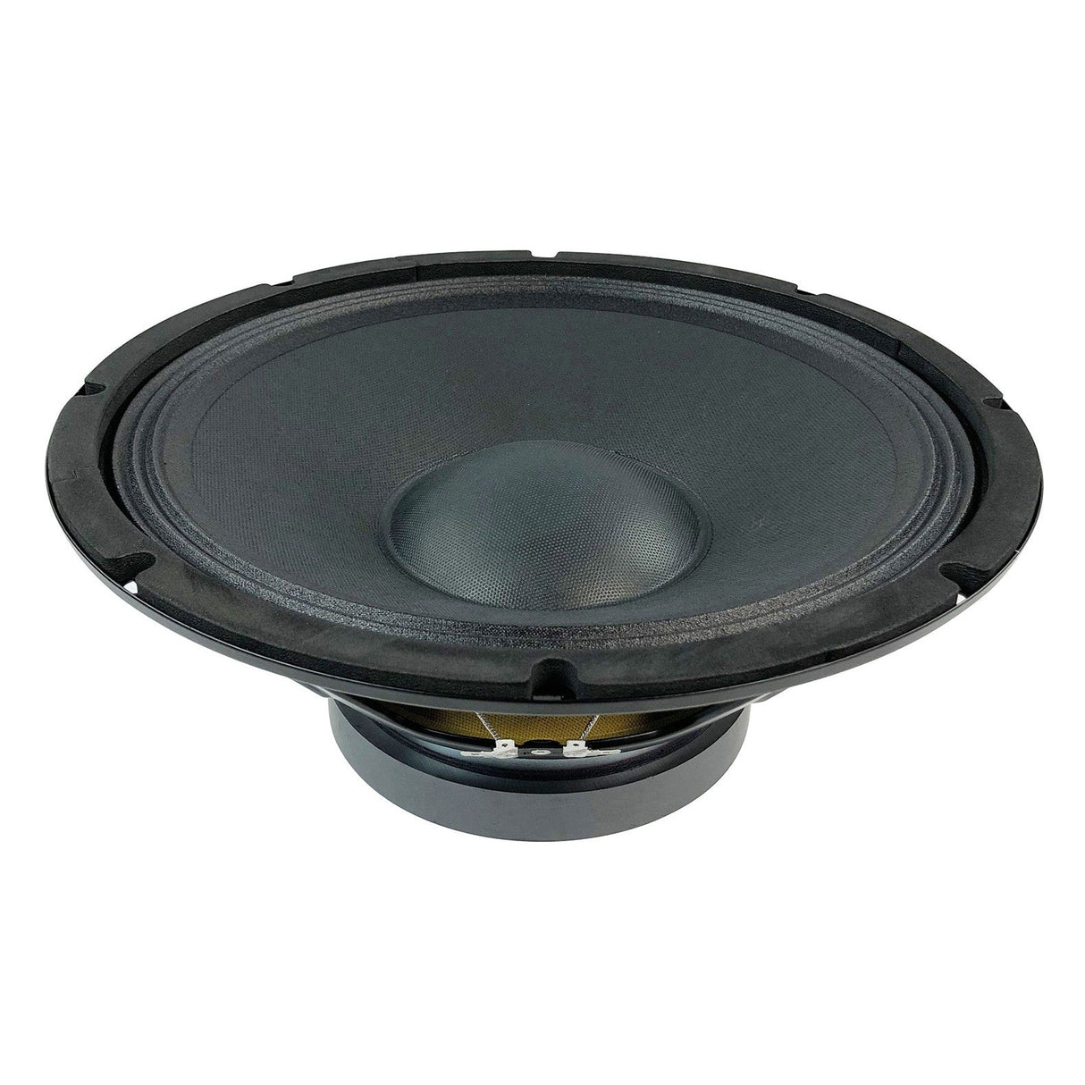 A close-up view showcases the Citronic 12" Driver 4 Ohm - 300W, highlighting its black speaker cone with a round, textured diaphragm and wide rubber surround. It features high power handling and a durable metallic frame, akin to those in full-range PA cabinets. Isolated on a white background, it's perfect for audio systems.