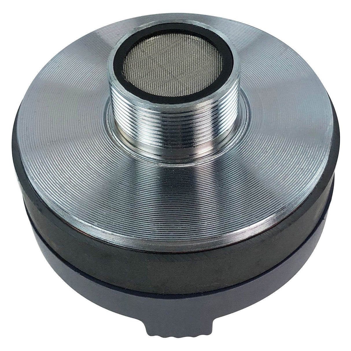 Close-up of the Citronic 44mm (1.75") HF Driver - 60W RMS, showcasing a round metallic filter with a threaded top and fine mesh screen, mirroring the precision of titanium compression drivers. Its design includes concentric ridges and a black base for seamless integration into filtration systems. The reflective surface enhances its texture under light.