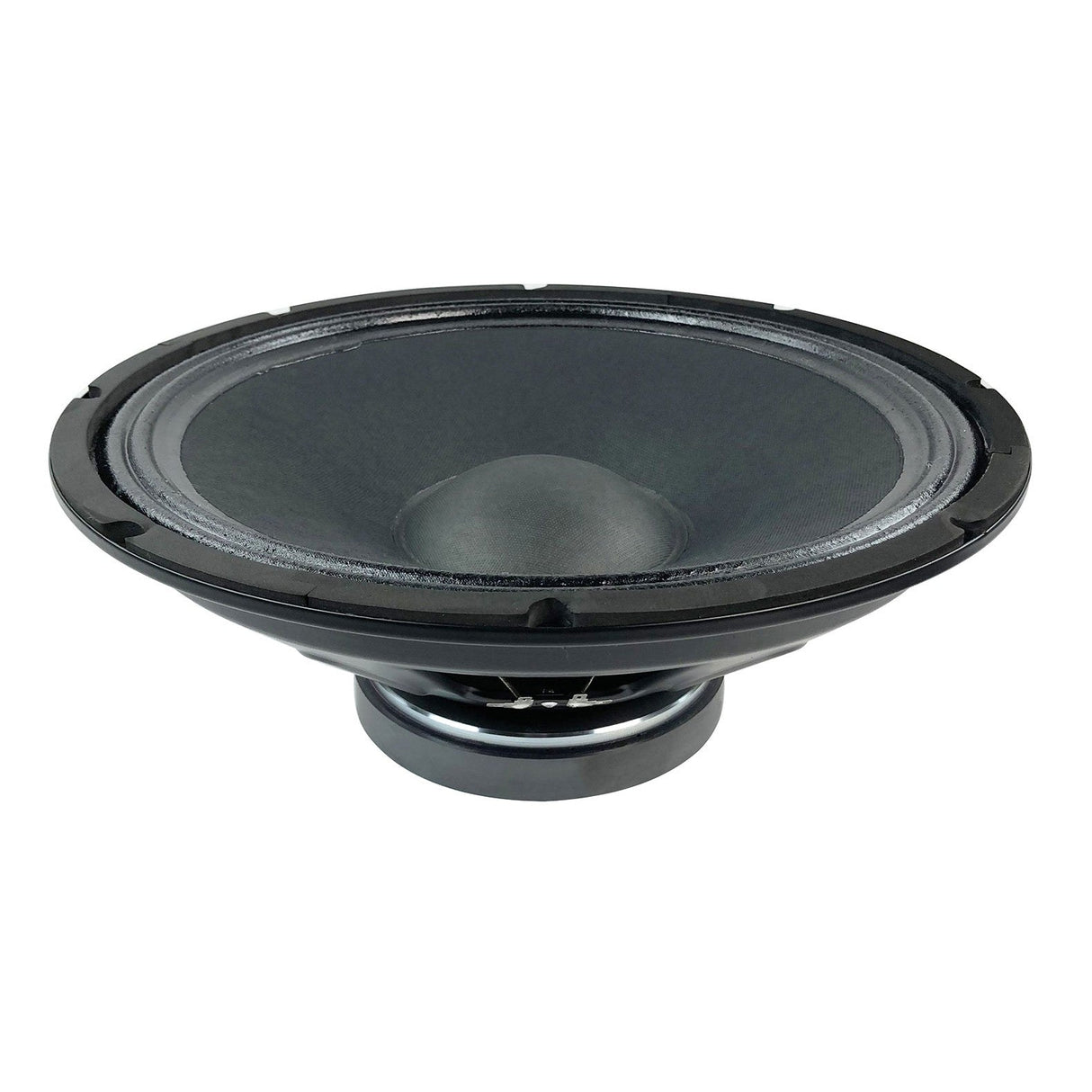 The Citronic 15" Sub Driver 4ohm - 500W RMS features a black speaker cone with a shiny dome at its center, encircled by a ridged suspension to enhance sub frequencies. Its frame exhibits the circular, open design typical of professional audio equipment.